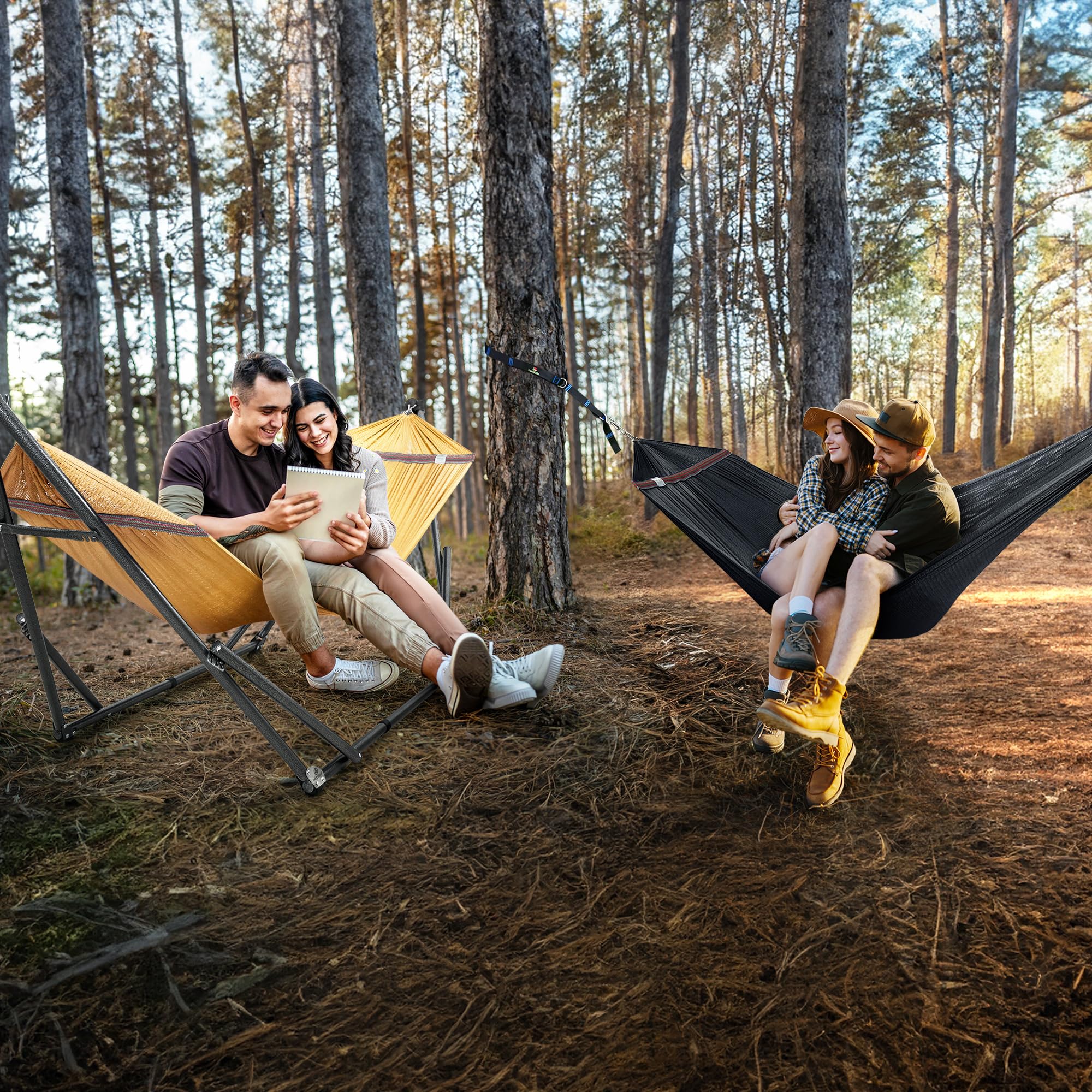 Premium 2-Person Hammock Set with Heavy Duty Stand & Tree Straps - 600lb Capacity for Indoor, Outdoor, Patio & Backyard Use - Includes 2 Hammocks & Portable Carrying Bags (Yellow) - Perfect for Relaxation, Camping, and Backyard Lounging