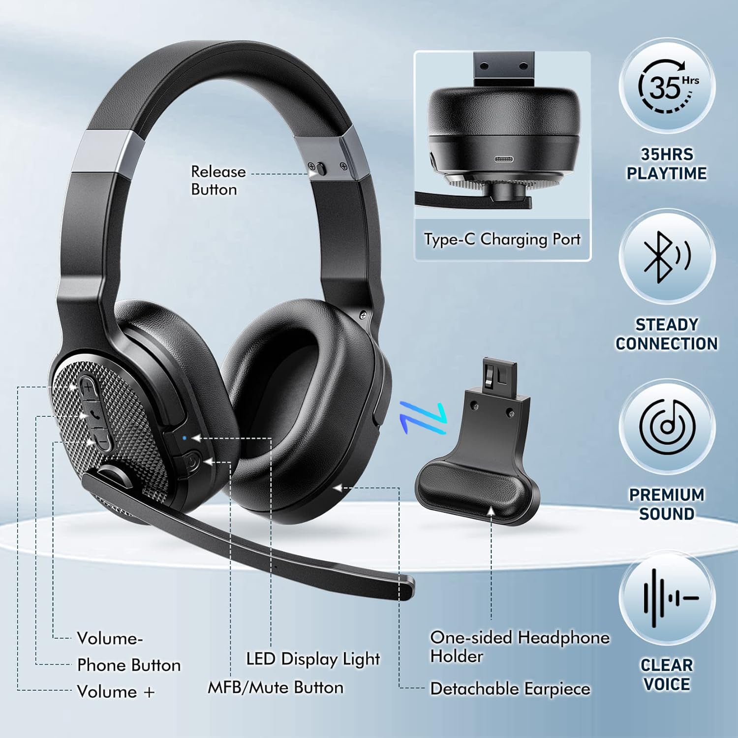 Mpow Bluetooth Headset for Truckers - Noise Cancelling Microphone, 50H HD Talktime Wireless Headset with Detachable Earpad, Single/Dual Mode - All Day Comfort for Drivers, Office & Home Use - Perfect for Long Haul Trucking, Business Calls & Remote Work