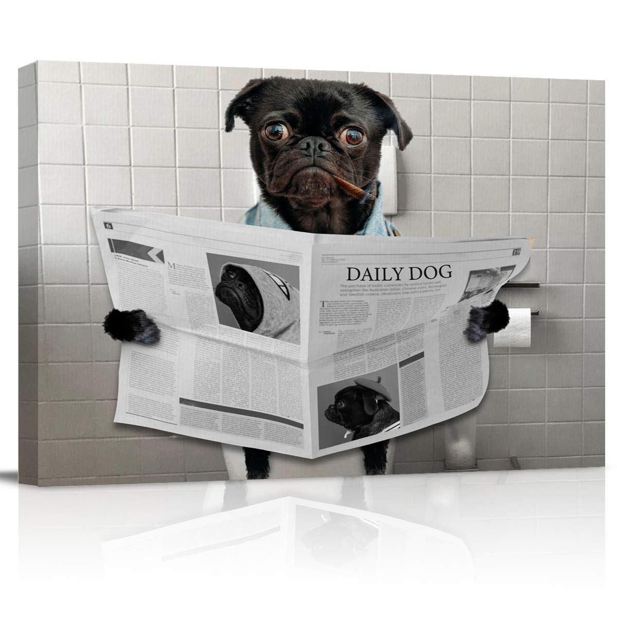 Funny Pug Dog Reading Newspaper Smoking Cigar Canvas Wall Art - Modern Bathroom Decor Oil Painting Print 12x16 Inch - Perfect for Nursery, Office, Living Room & Bedroom Decor | Humorous Toilet-Themed Gift Idea
