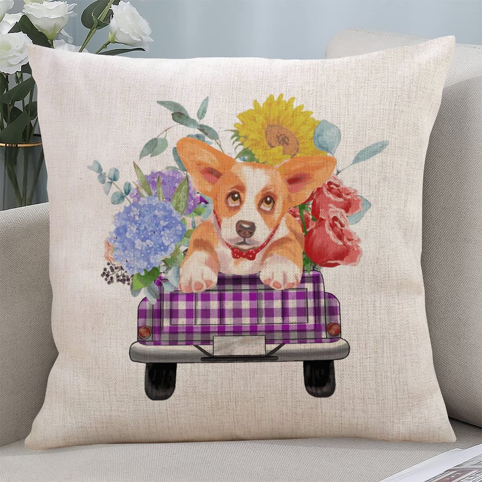 Floral Truck and Dog Square Cotton Linen Cushion Covers - Durable Zippered Throw Pillowcases for Sofa, Bedroom, Living Room & Car - Home Decor & Cozy Indoor Comfort
