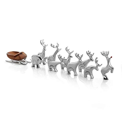 Nambe Christmas Sleigh with Reindeer Figurine Set - 3-Piece Metal Alloy & Acacia Wood Holiday Decor for Mantels, Tables, and Winter Wonderland Displays - Perfect for Christmas Home Decoration, Gift Giving, and Seasonal Festive Cheer