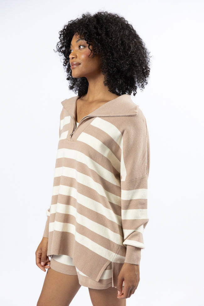 Taupe and Cream Striped Quarter Zip Pullover Sweater - Cozy Casual Wear for Fall & Winter | Perfect for Layering, Outdoors & Office