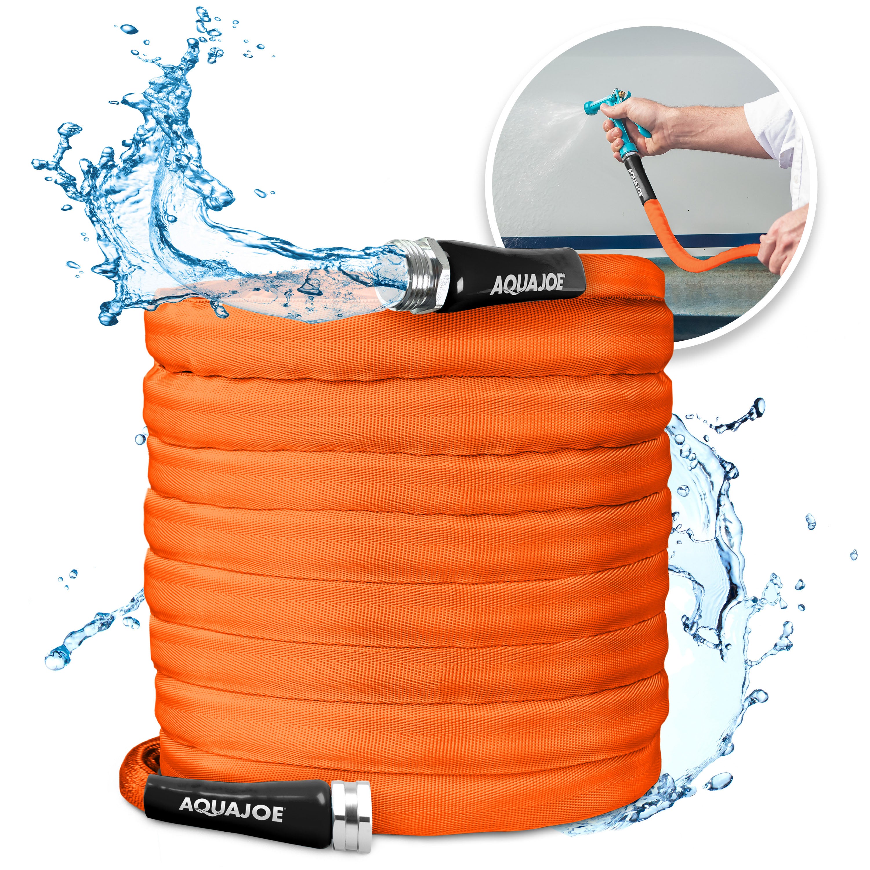 Aqua Joe AJFJH75 34CTR 75-Foot 3/4-Inch Heavy Duty Garden Hose - Kink Resistant, Non-Expanding, 650 PSI Burst Pressure, Contractor Grade FiberJacket (Orange) - Perfect for Lawn Care, Gardening, and Outdoor Watering Tasks