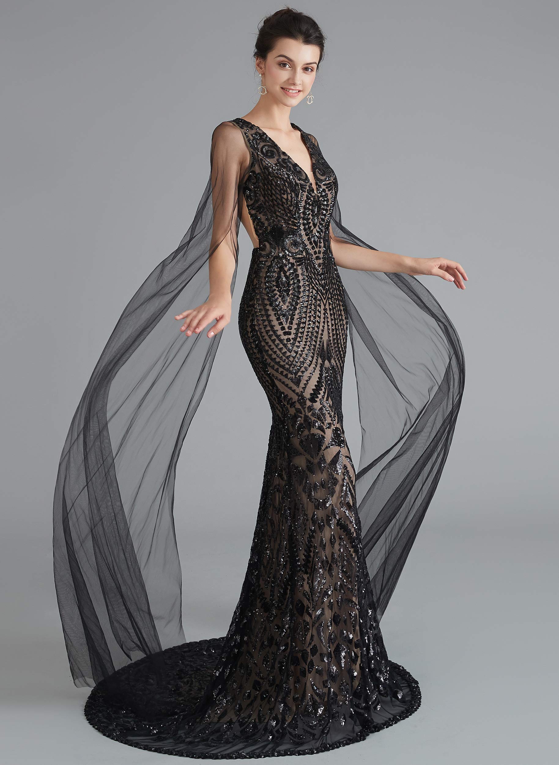Elegant Women's V-Neck Sequins Mermaid Evening Dress with Sheer Sleeves - Perfect for Prom, Gala, Wedding & Special Occasions