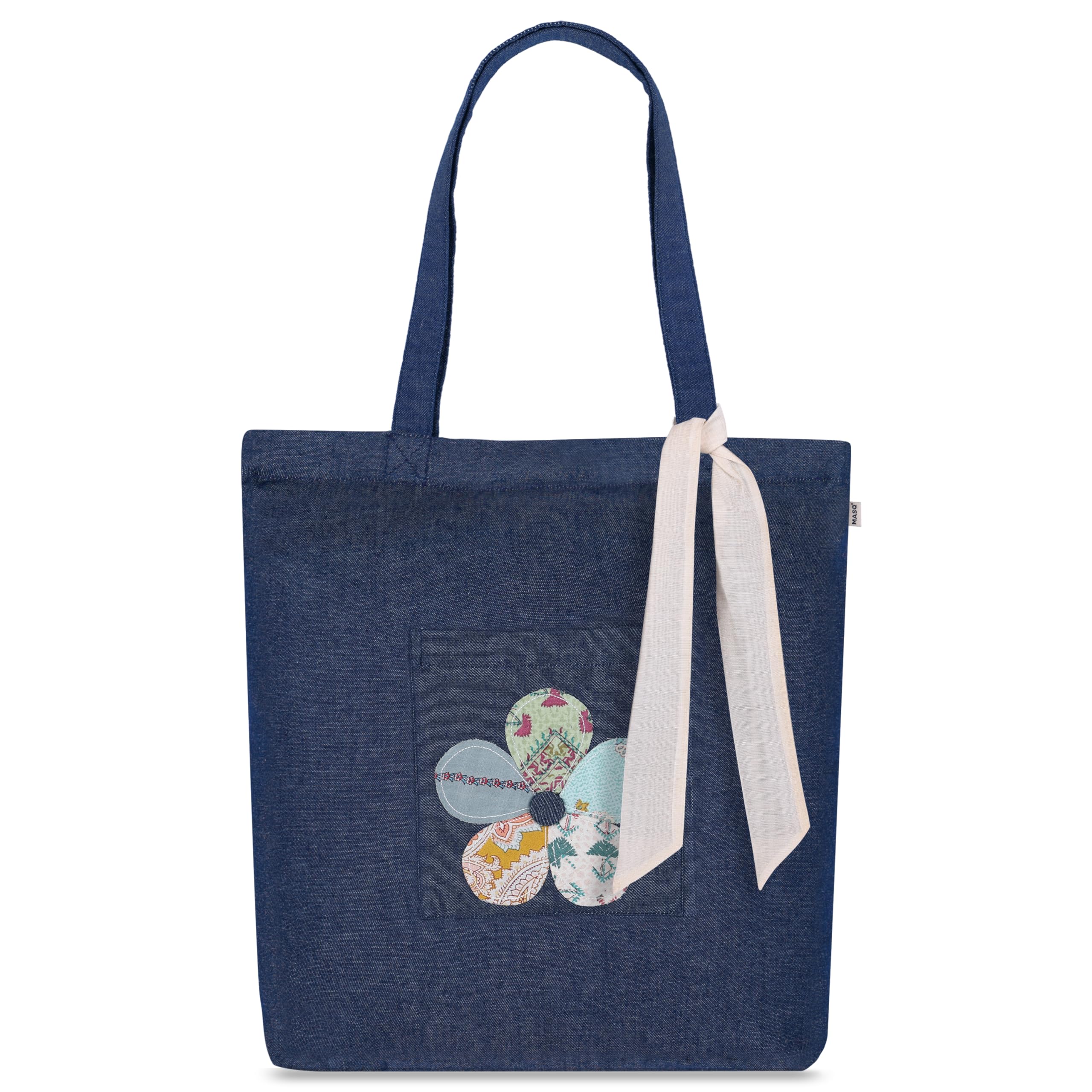 MASQ by Q-One Women's Embroidered Denim Tote Bag with Zipper Closure - 100% Organic Cotton College Bag for Girls, Stylish Travel & Everyday Purse | Perfect Gift for Women, Students & Fashion Lovers | Ideal for School, Shopping, Work & Weekend Outings