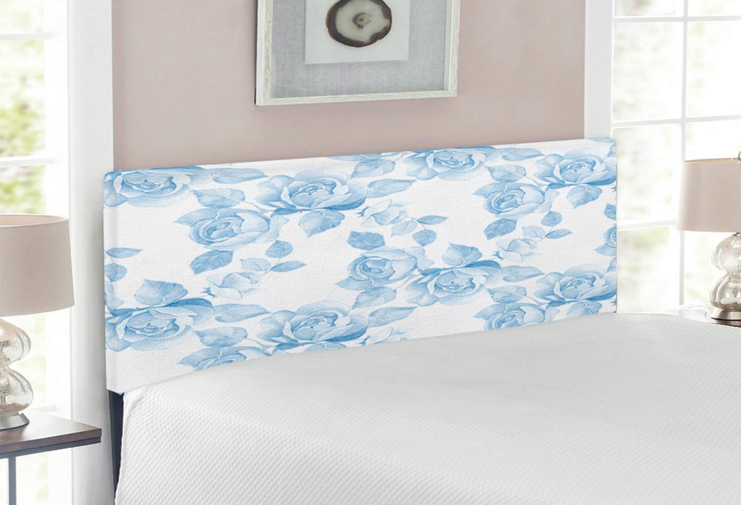 Ambesonne Rose Upholstered Headboard - Faded Floral Branch Design with Memory Foam | Full Size Soft Blue & White Pastel Decor | Perfect for Bedroom Makeover & Spring Seasonal Decorating