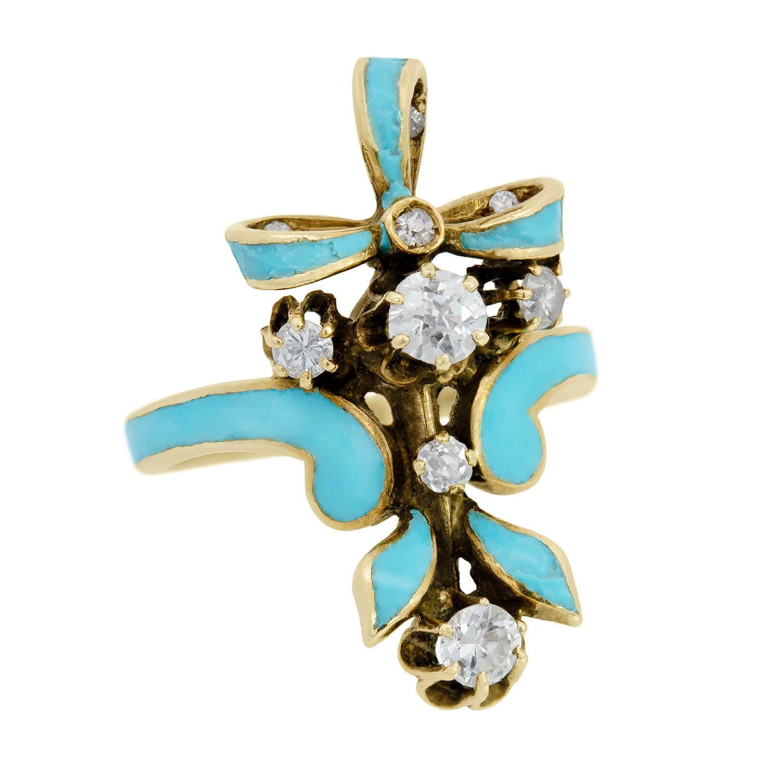Victorian 14K Gold Diamond Blue Enamel Bow Ring - Elegant Antique Jewelry for Women, Perfect for Weddings, Anniversaries & Special Occasions