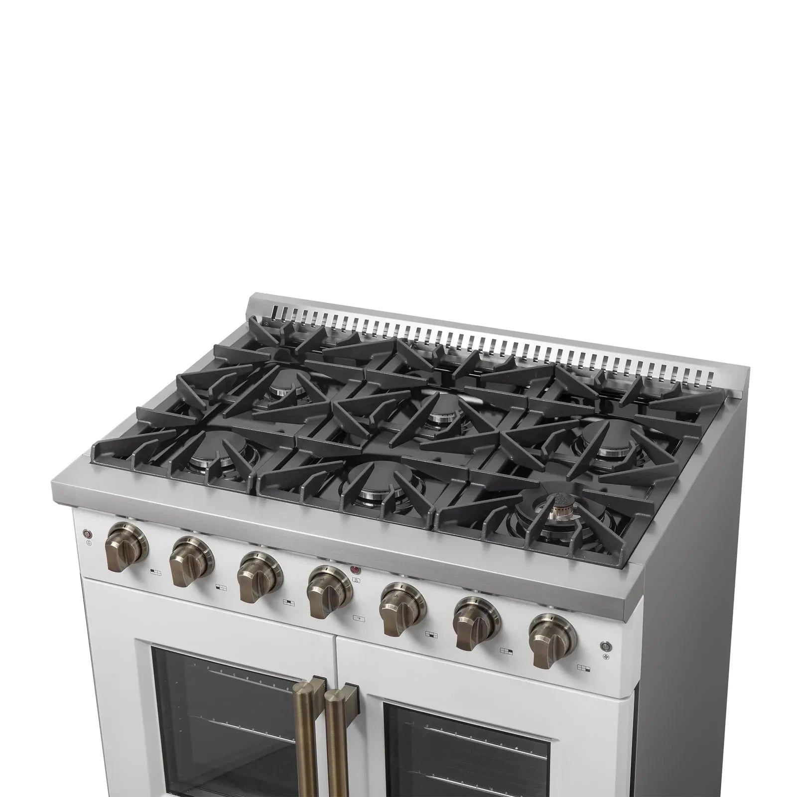 Forno Galiano 36-Inch French Door All Gas Range in White with Antique Brass Trim - Model FFSGS6444 36WHT | Professional Kitchen Appliance for Home Chefs & Modern Cooking