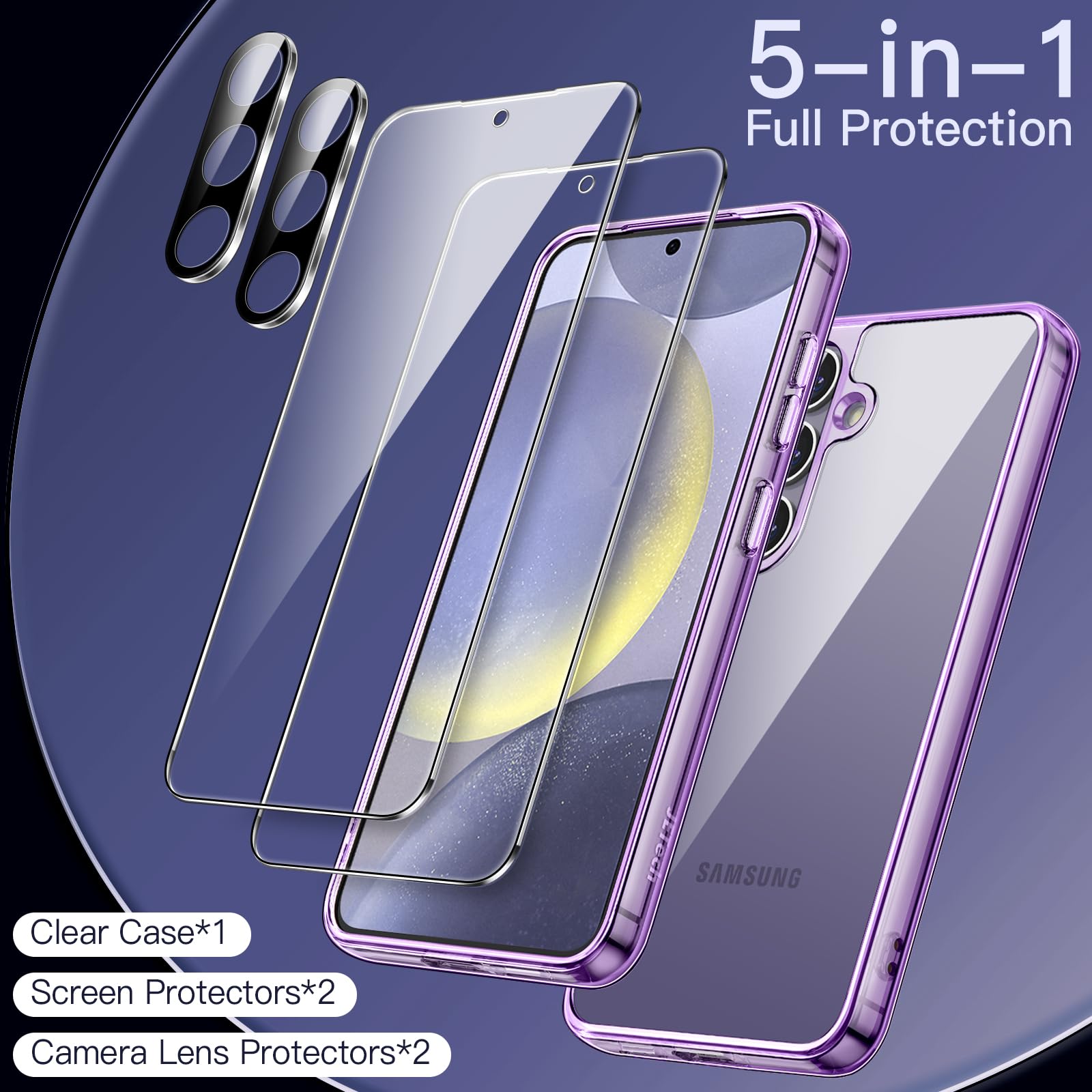 JETech 5-in-1 Protective Case for Samsung Galaxy S24+ 5G - Includes 2 Tempered Glass Screen Protectors & Camera Lens Protector | Shockproof, Non-Yellowing Bumper Cover | Perfect for Outdoor Activities, Work & Travel (Purple)