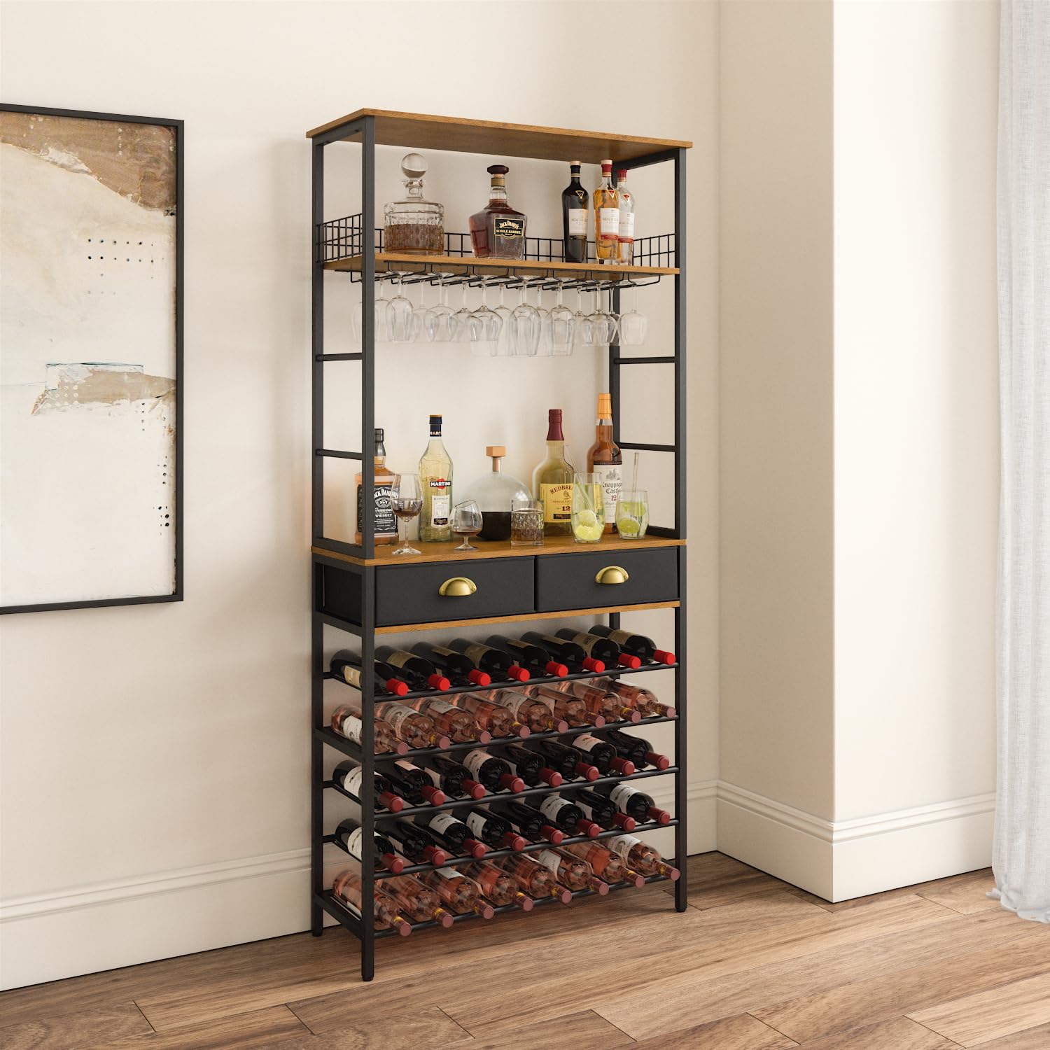 Freestanding Wine Rack with Glass Holder & 2 Storage Drawers - Modern Bar Cabinet with Shelves & Tabletop for Home Liquor & Wine Storage - Perfect for Dining Room, Kitchen, or Basement Bar Setup