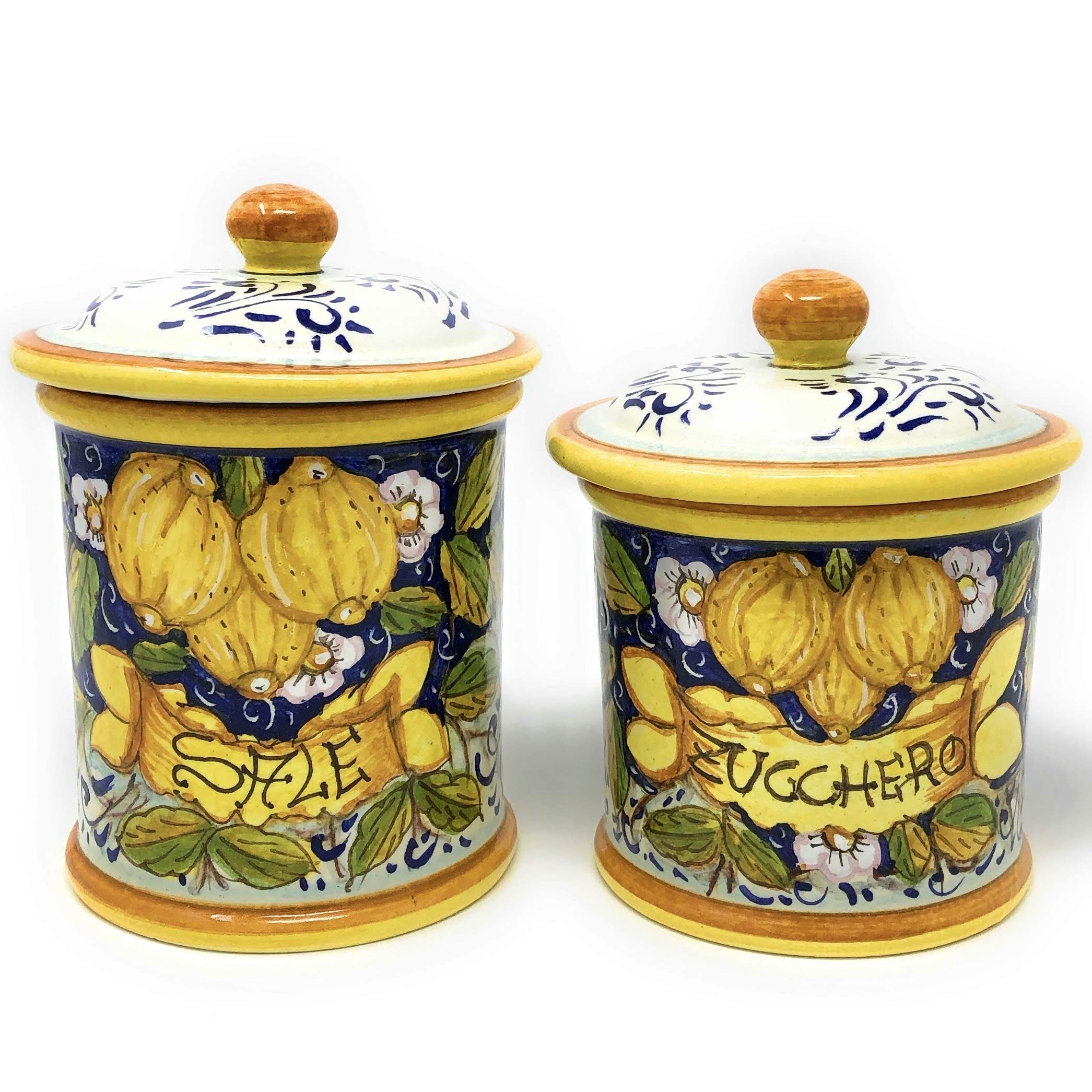 Italian Ceramic Food Storage Jars Set - Hand Painted Tuscan Lemon Design Kitchen Canisters for Salt, Sugar & Spices | Made in Italy Art Pottery for Home & Restaurant Decor