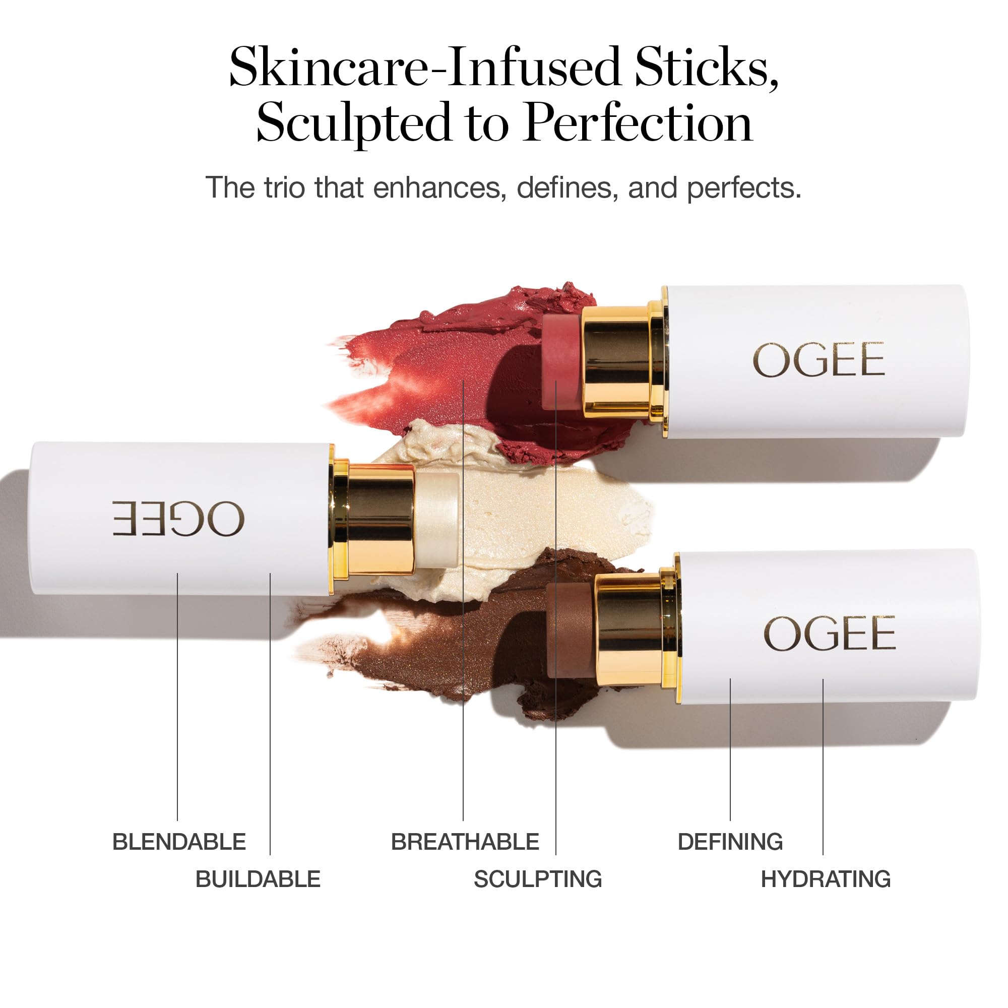 Ogee Face Stick Crystal Collection Trio - Organic Contour Makeup Set with Bronzer, Blush & Highlighter Sticks | Vegan, Cruelty-Free | Perfect for Everyday Glow & Professional Makeup Looks
