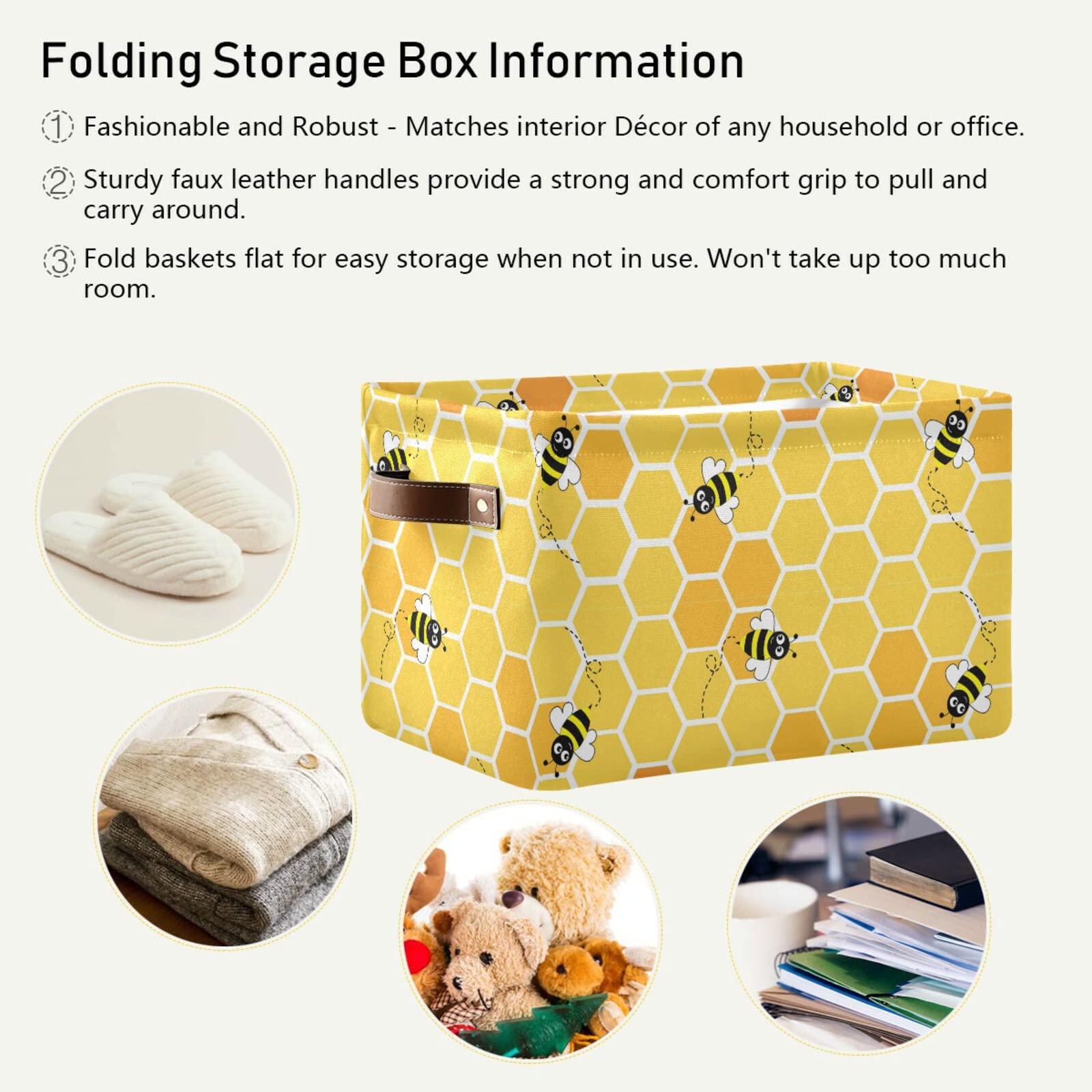 Honey Bee Collapsible Storage Basket with Leather Handles - Foldable Rectangular Storage Bin for Home, Nursery, Car & Office Organization | Space-Saving Home Decor & Toy Storage Solution