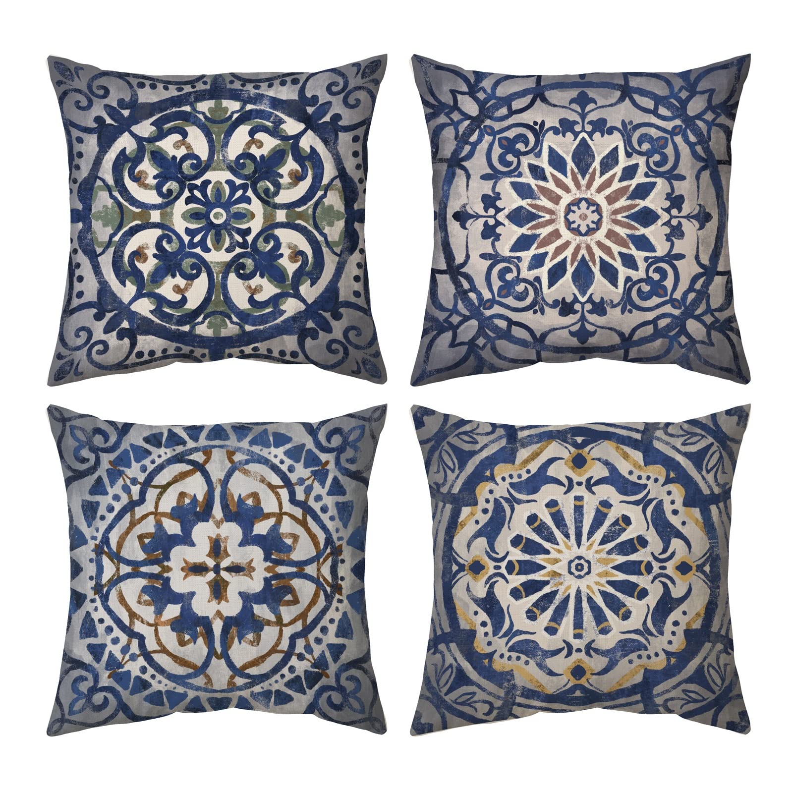 Boho Pillow Covers 18x18 Inch Set of 4 - Linen Floral Mandala Navy Blue Throw Pillows for Couch, Sofa & Living Room - Outdoor Decorative Cushions for Patio, Farmhouse & Bedroom Decor - Perfect for Bohemian, Coastal & Rustic Home Styling