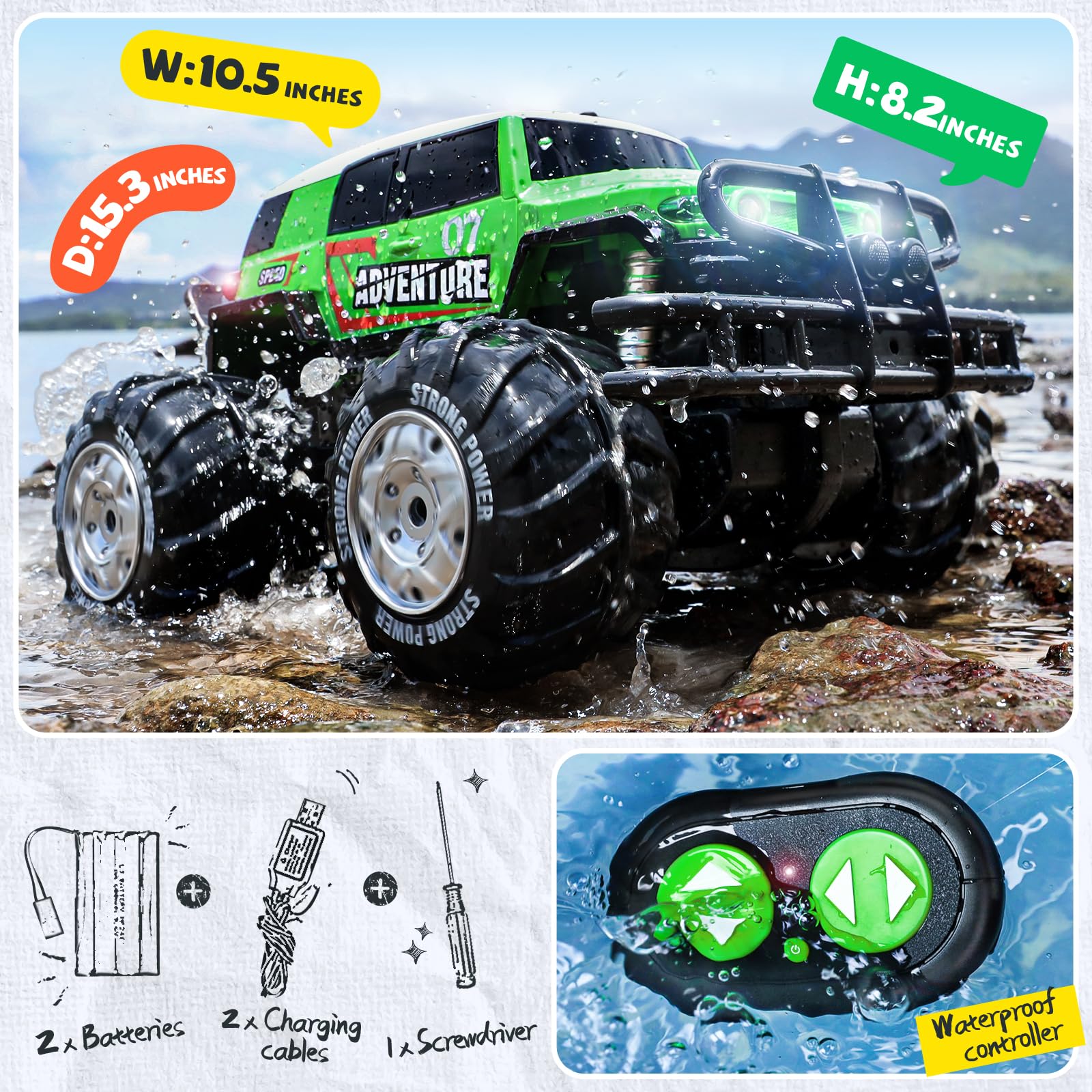 Ruko 1601AMP2 1:10 Scale Amphibious RC Car - Waterproof All-Terrain Remote Control Monster Truck with LED Lights | 2 Rechargeable Batteries | Perfect Gift for Boys & Kids | Outdoor, Beach, Snow & Off-Road Adventure (Green)