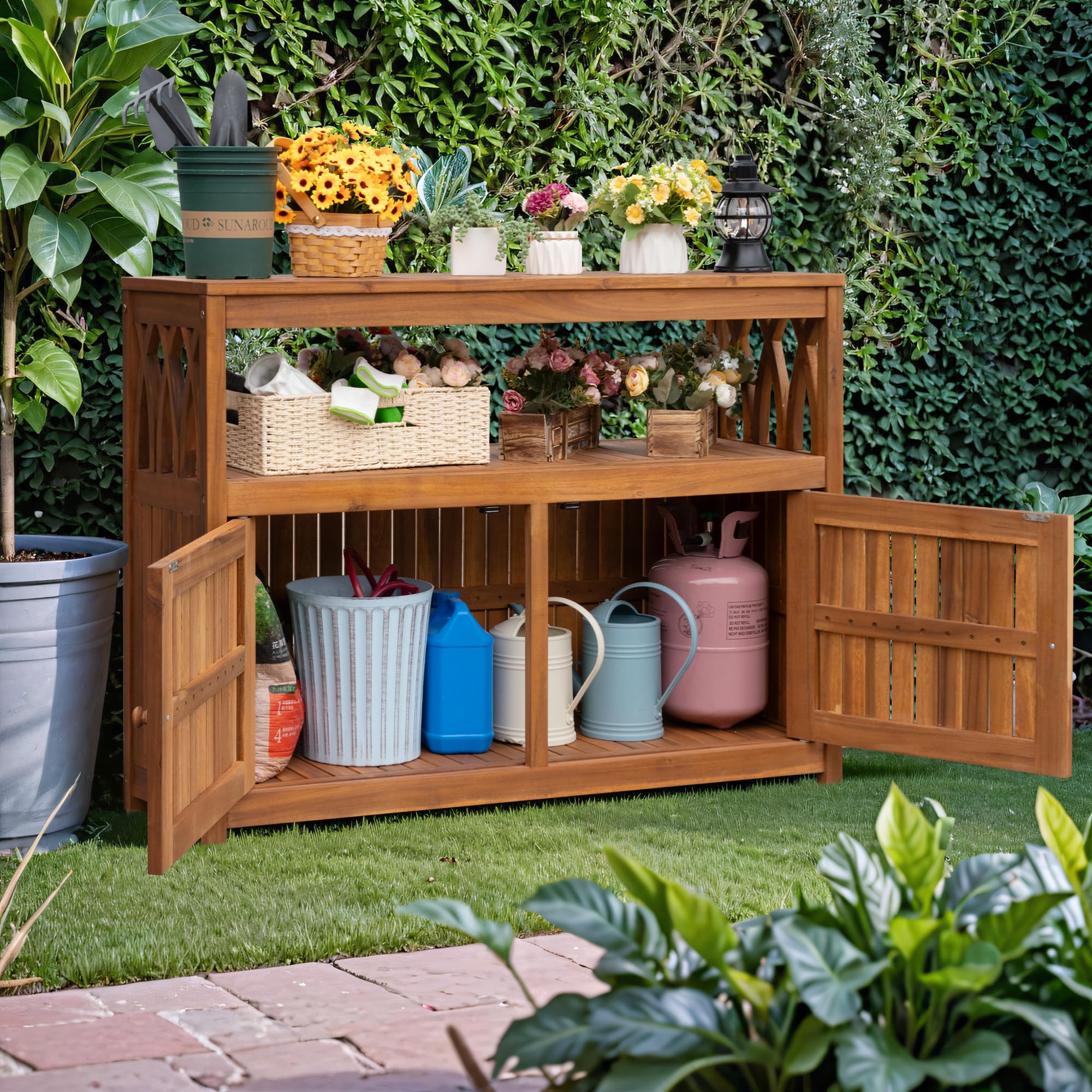 Greesum 2-Tier Acacia Wood Outdoor Storage Cabinet with Magnetic Doors - Garden, Patio, Living Room Organizer for Picnic Supplies, Buffet Serving, TV Stand or Bar Table (Brown)