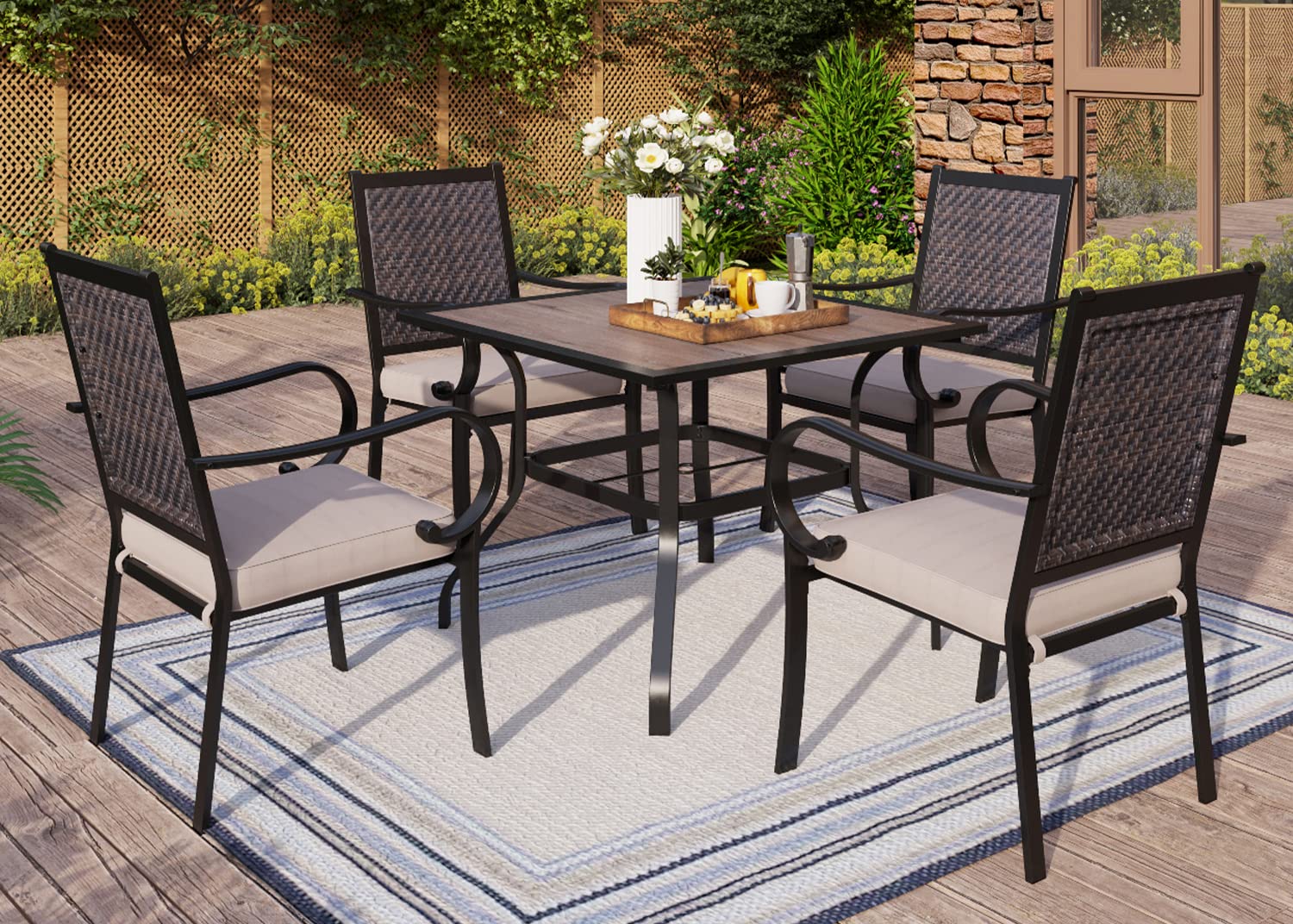 MFSTUDIO 5-Piece Outdoor Patio Dining Set - Square Wood-Like Table with 1.57