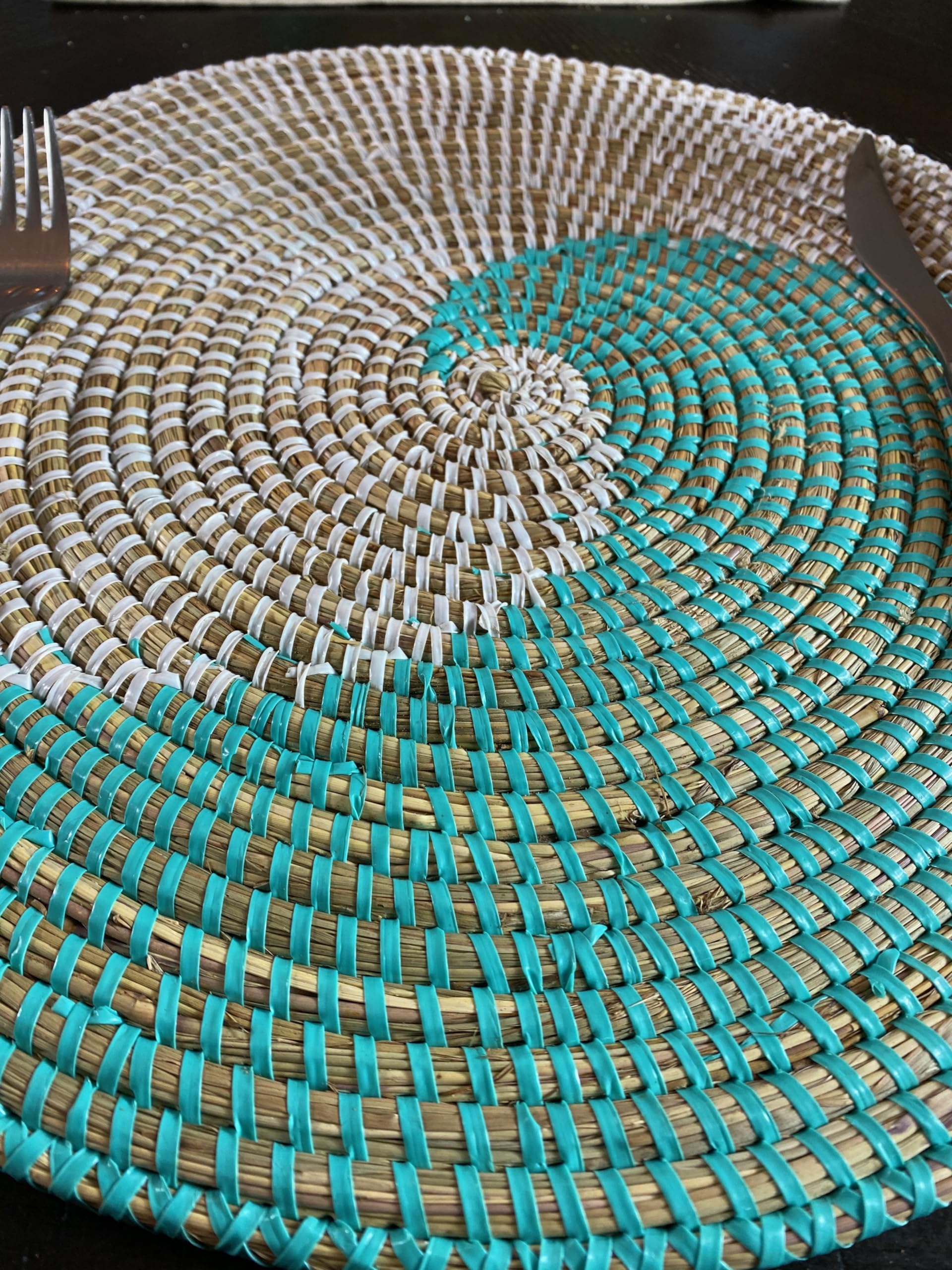 Handwoven African Bohemian Seagrass Placemats - Natural Round Wicker Basket Placemats & Decorative Hanging Wall Plates (Light Blue & White) | Perfect for Boho Dining, Kitchen Decor & Wall Art