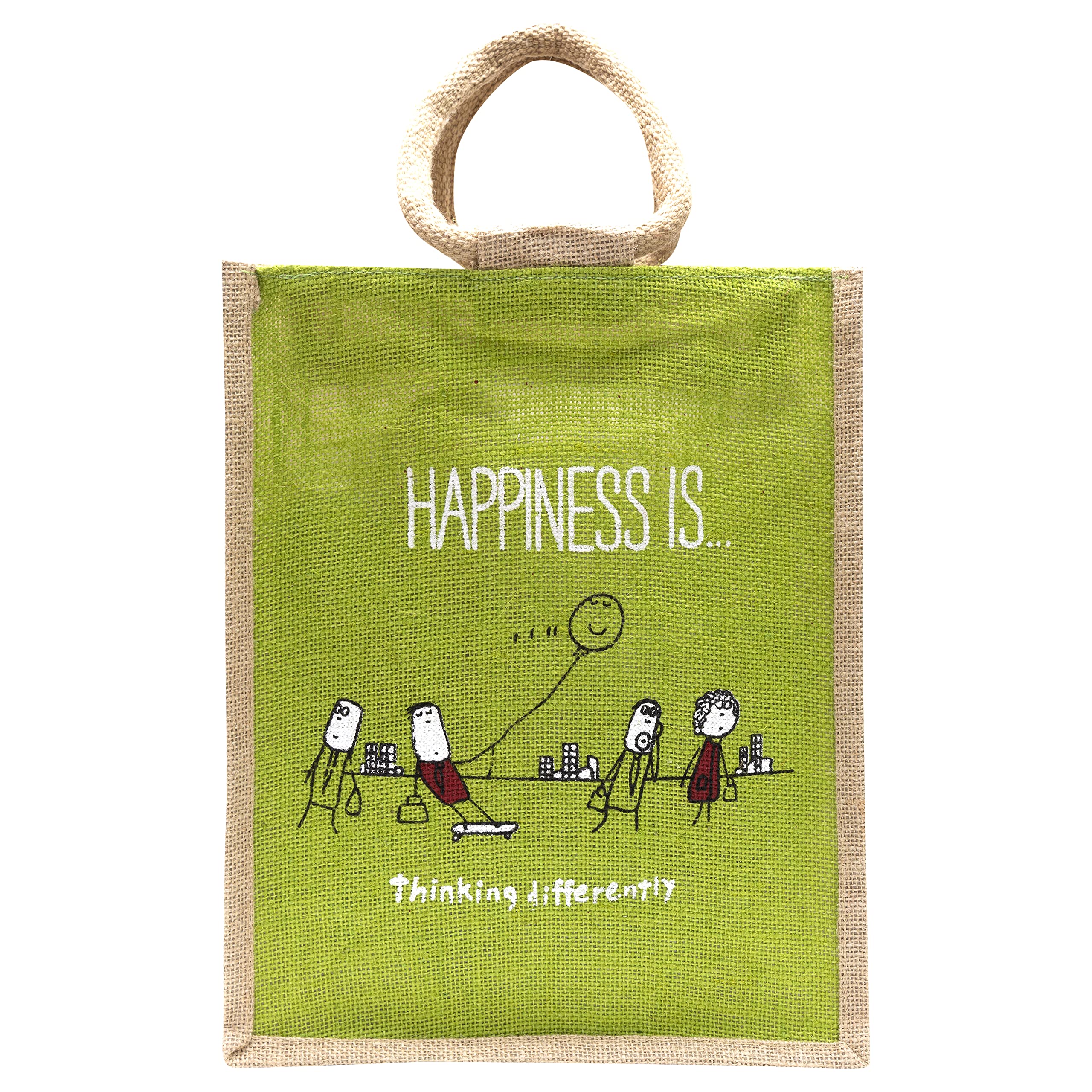 HYGGE'S Natural Jute Burlap Tote Bags with Cotton Handles - Eco-Friendly Reusable Shopping Bags for Groceries, Beach, and Gift Giving - Happiness Green Color