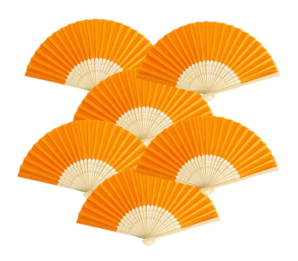 6 Pack Handheld Paper & Bamboo Folding Fans - Golden Orange Wedding Fans for Bridal Party, Church Events, Festivals & Home Decor | Perfect for DIY Decorations, Photo Props & Summer Cooling Accessories