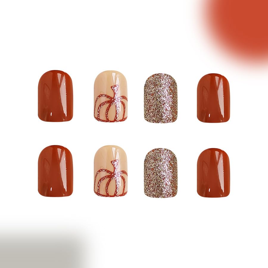 48Pcs Halloween Press on Nails Short Square Glitter Fake Nails - Cute Pumpkin Ghost Flower Acrylic Full Cover Stick on Nails - Reusable with Glue - Perfect for Women's Halloween Nail Art, Parties, Costume Events & Fall Festivals