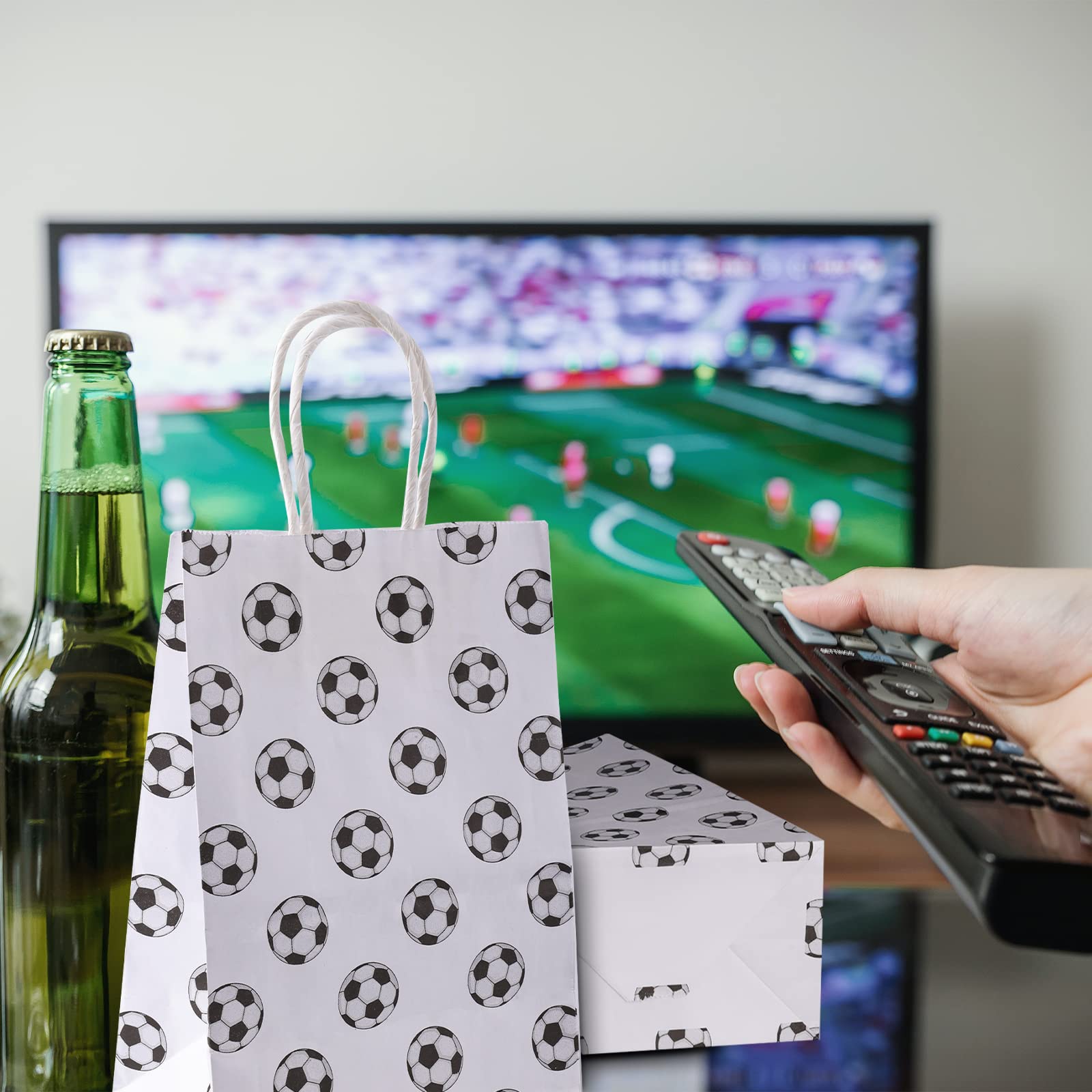 AIEX 16-Pack Soccer Party Favor Bags with Handles - Football Themed Goodie Bags for Kids & Adults - Perfect for Birthday Parties, Team Celebrations & Sports Events - Treat & Candy Bags for Soccer Fans