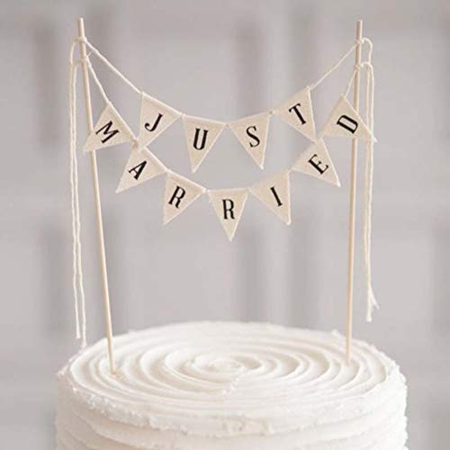 Handmade Rustic Just Married Cake Topper with Wood Pole - Preassembled Wedding Cake Decor for Cheese Cakes & Bunting Flags - Perfect for Rustic Weddings, Anniversary Celebrations, and Bridal Showers
