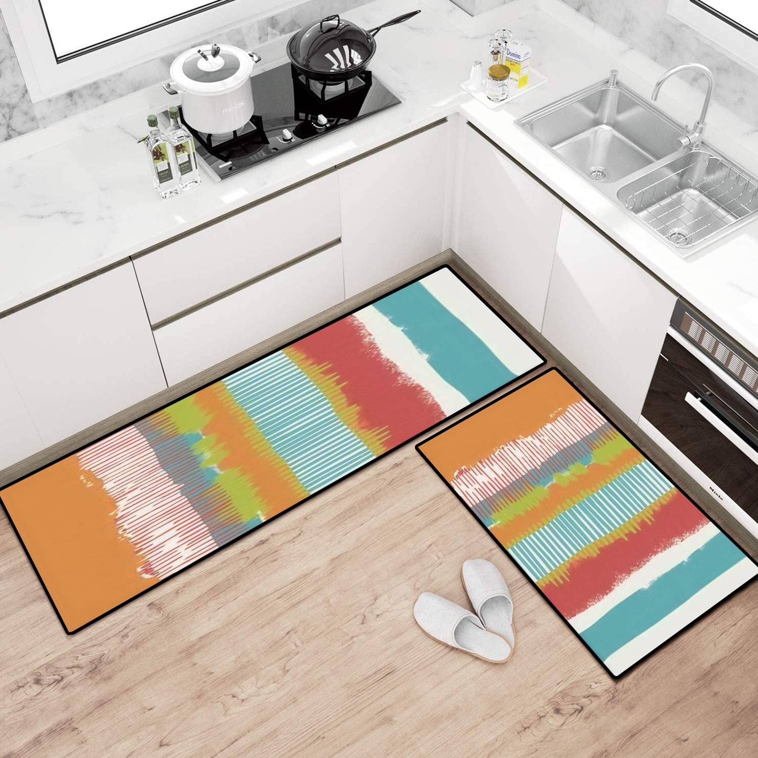 Boho Kitchen Rugs Set - Non-Slip Washable Kitchen Mats with Contemporary Graffiti Design, Traditional Folk Pattern Runner for Floor, Doormat & Bath Rug - Comfort Standing Mats for Home Decor | Perfect for Kitchens, Entryways & Bathrooms