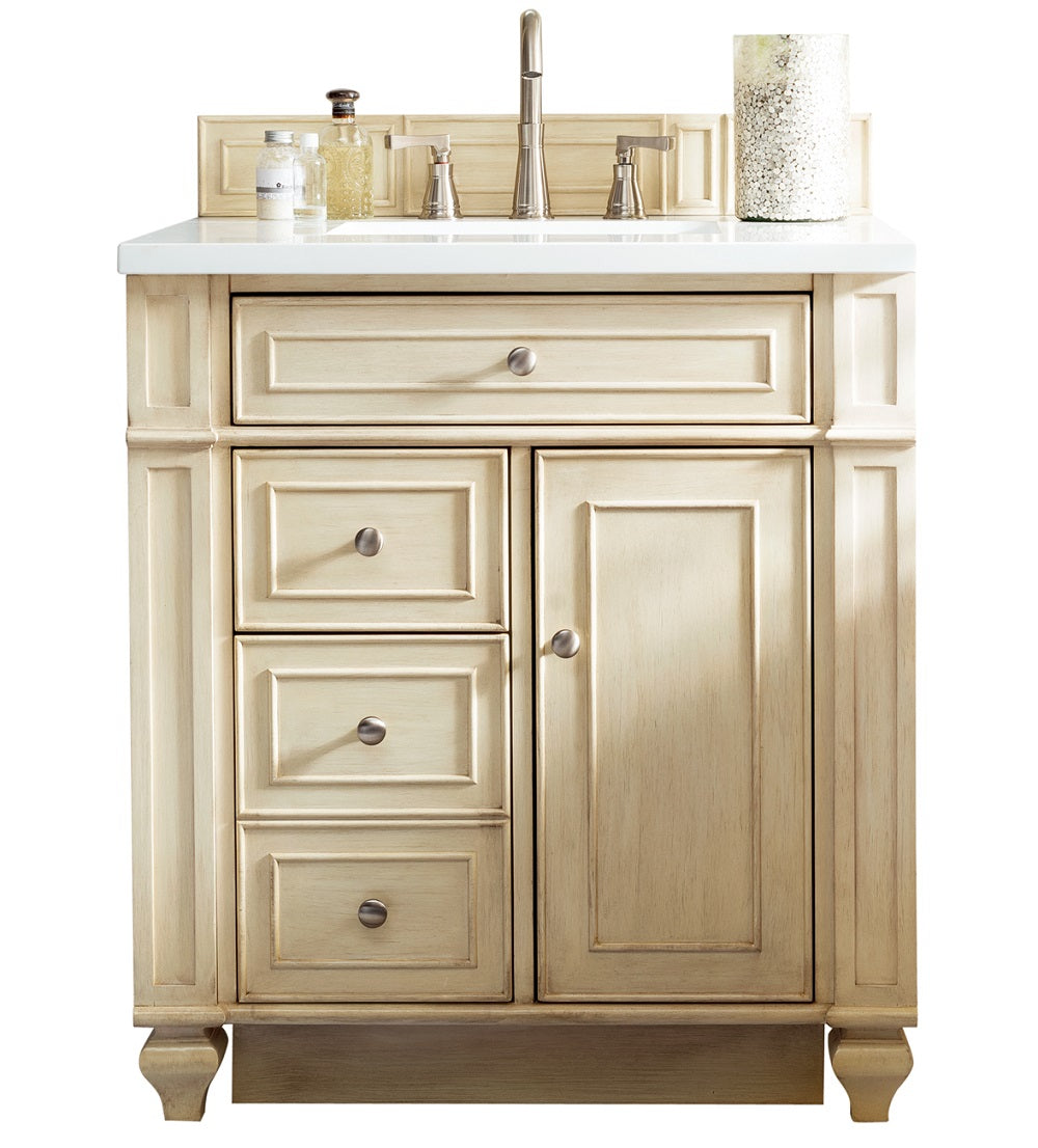 Bristol 30-Inch Single Bathroom Vanity Set with 3CM Classic White Quartz Countertop - Vintage Vanilla Finish for Modern & Traditional Bathrooms