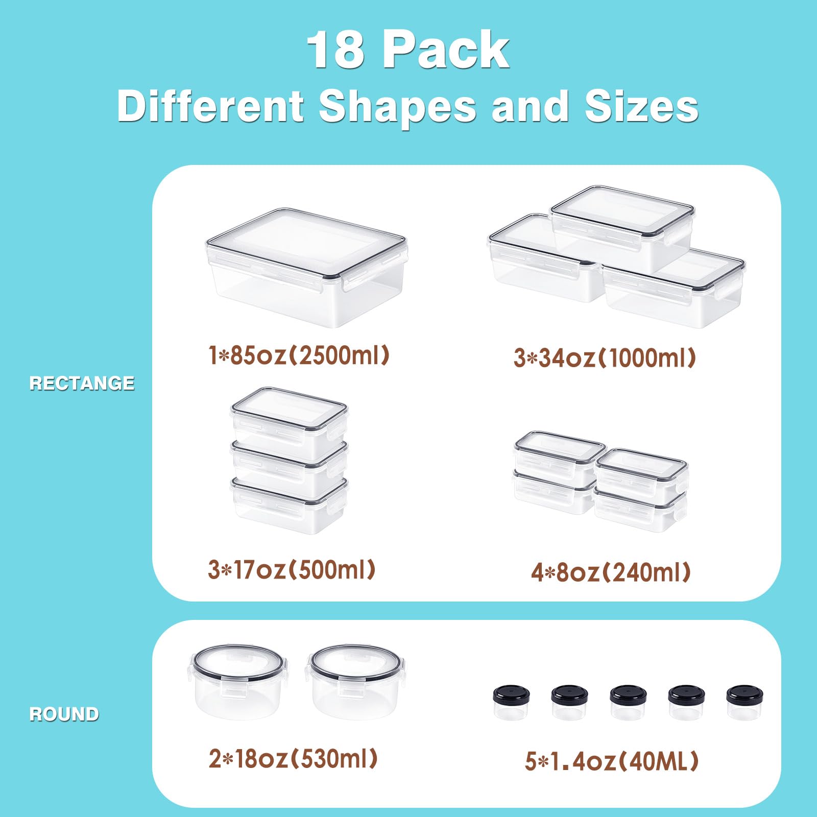 KAGUYA 36-Piece BPA-Free Plastic Food Storage Containers Set with Lids (1.4-85 Oz) - Leakproof, Microwave & Freezer Safe - Pantry Organization & Meal Prep Containers for Kitchen, Office, and Picnics
