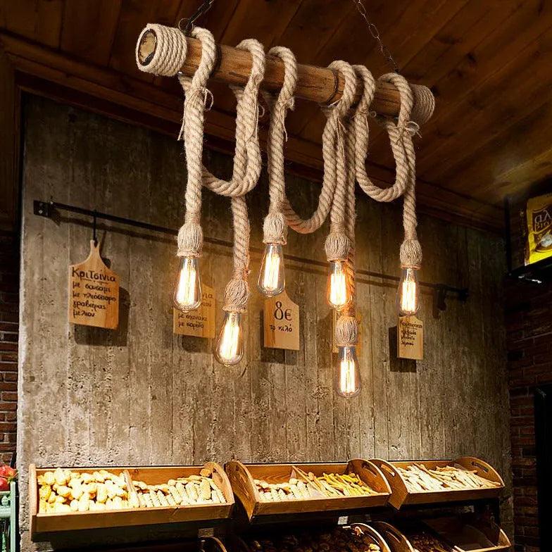 Vintage Wooden Pendant Light with Rope Design - Multi Light Fixture for Farmhouse, Kitchen Island & Dining Room Lighting
