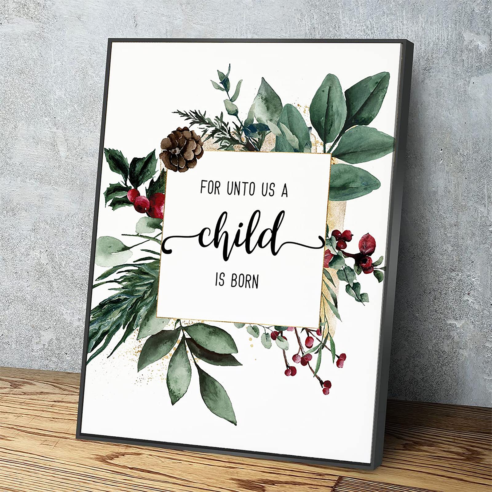 Isaiah 9:6 Wall Art - 'For Unto Us A Child Is Born' Canvas Print with Watercolor Floral Design, Black Metal Framed Modern Decor for Home, Office & Apartment - 12x8 Inches Ready to Hang - Perfect for Christmas Gift, Nursery Decor & Spiritual Inspiration