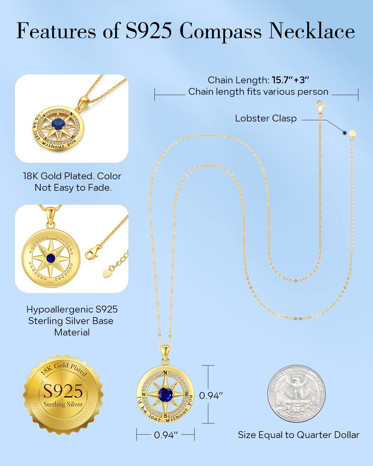 Elegant S925 Sterling Silver Compass Necklace for Women - 18K Gold Plated Romantic Jewelry Gift for Wife, Girlfriend, Anniversary, Valentine's Day | Perfect Birthday Present with 'I'd Be Lost Without You' Engraving | Ideal for Travel Lovers & Meaningful Occasions