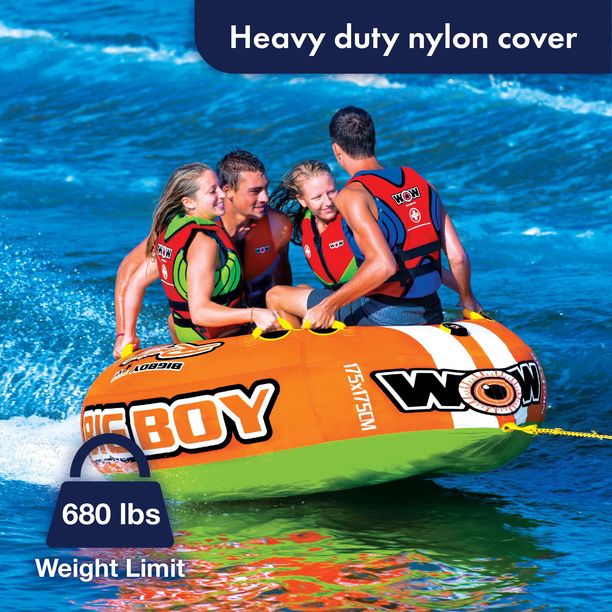 WOW Sports Big Boy 1-4 Person Inflatable Racing Towable Tube for Boating - High Speed Water Tube for Lakes & Oceans - Perfect for Family Fun & Summer Water Sports (Model 15-1130)