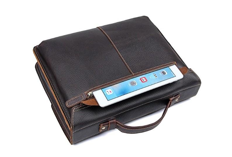 Premium Genuine Coffee Leather Men's Laptop Briefcase - Professional Business Work Bag for Office, Commuting & Travel