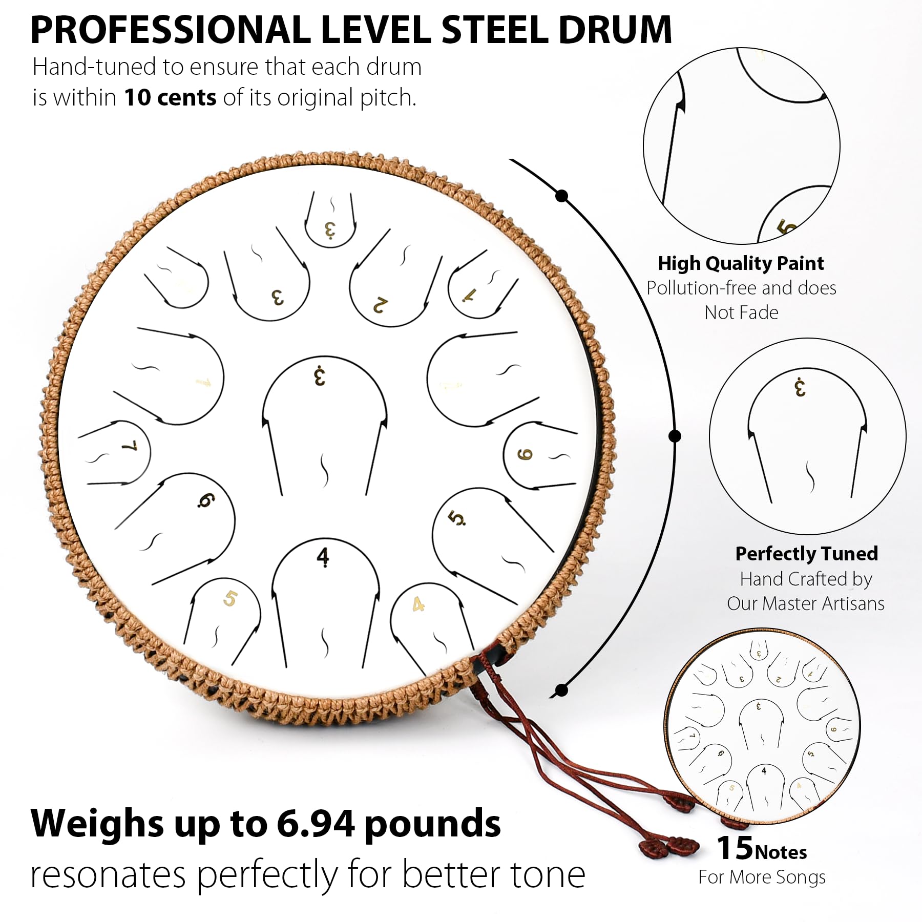 14 Inch 15 Note Steel Tongue Drum in C Major - Professional Handpan Drum with Music Book, Mallets & Carry Bag - Perfect for Meditation, Yoga, Music Therapy & Relaxation (White)