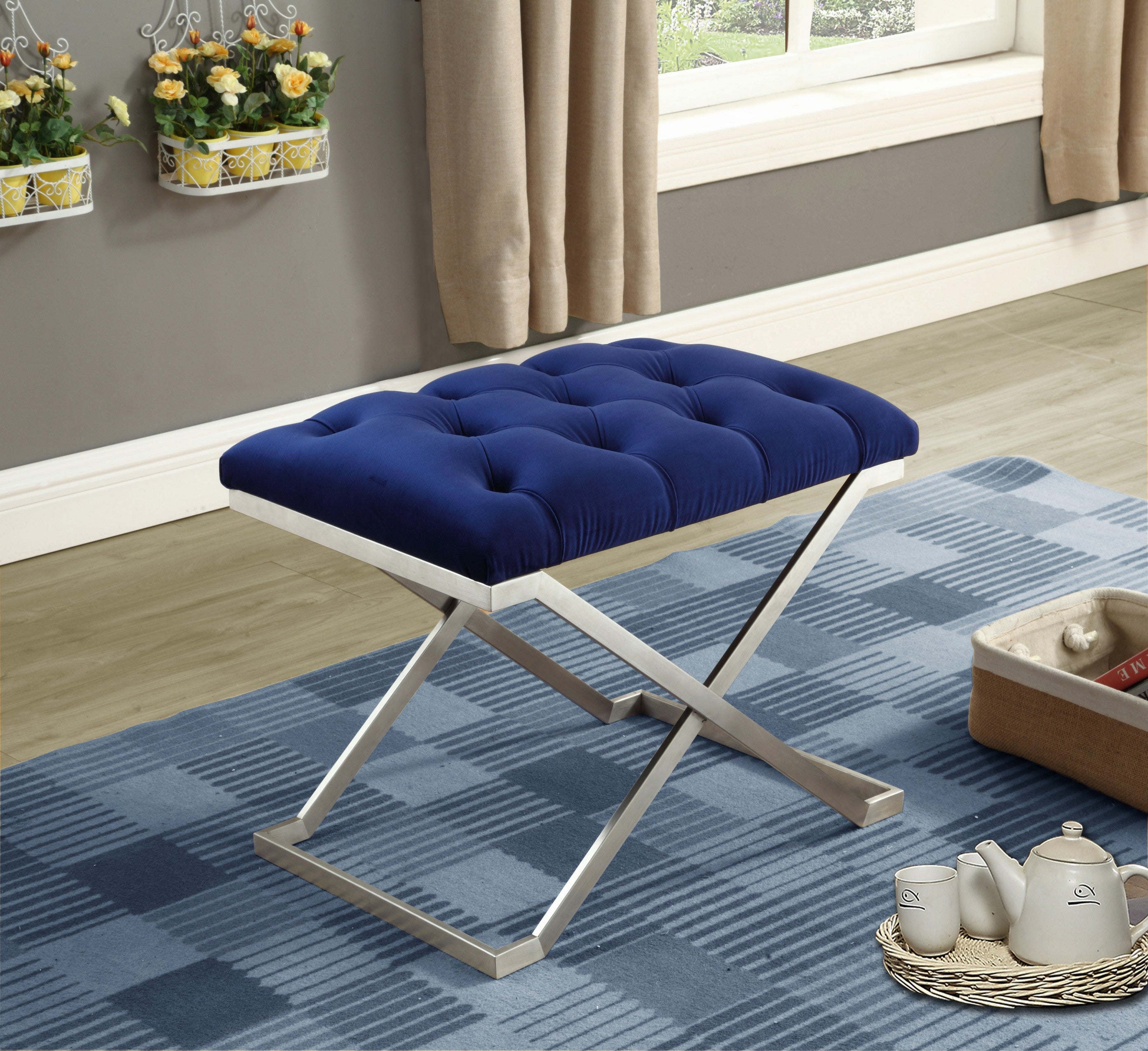 Luxury Navy Blue Velvet Storage Ottoman with Stainless Steel Legs - Perfect for Living Room, Bedroom & Home Decor