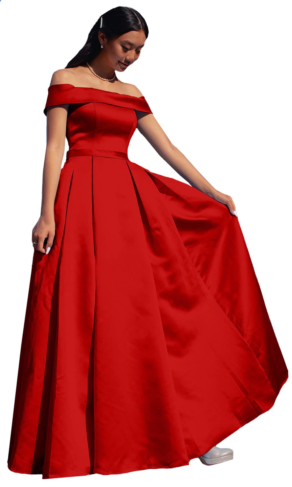 ANGELWARDROBE Women's Off Shoulder Long Prom Dresses Satin A-Line Formal Evening Gowns with Slit Pockets - Perfect for Homecoming, Wedding Guest, Cocktail Party & Special Occasions