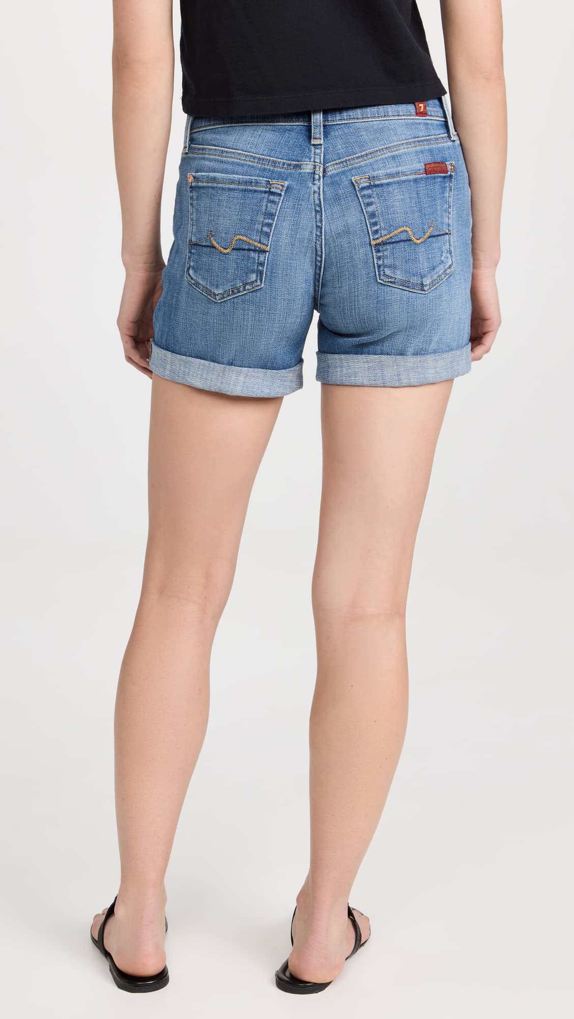 7 For All Mankind Women's Mid-Roll Destroyed Denim Shorts - Light Wash Distressed High Waist Shorts for Summer | Casual Outfits, Beach Wear & Street Style