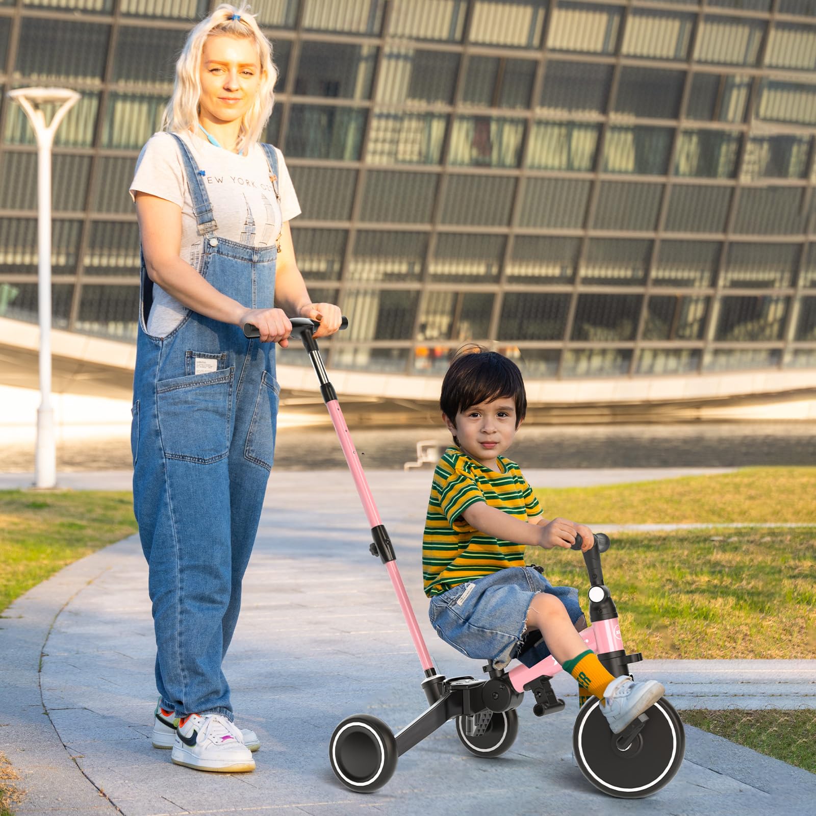 XJD 6-in-1 Foldable Toddler Tricycle with Push Handle - Adjustable Balance Bike for 1-4 Year Olds | Removable Pedals, Backrest & Height Adjustable Seat | Perfect First Birthday Gift (Pink) | Ideal for Indoor Play, Outdoor Learning & Developing Motor Skills