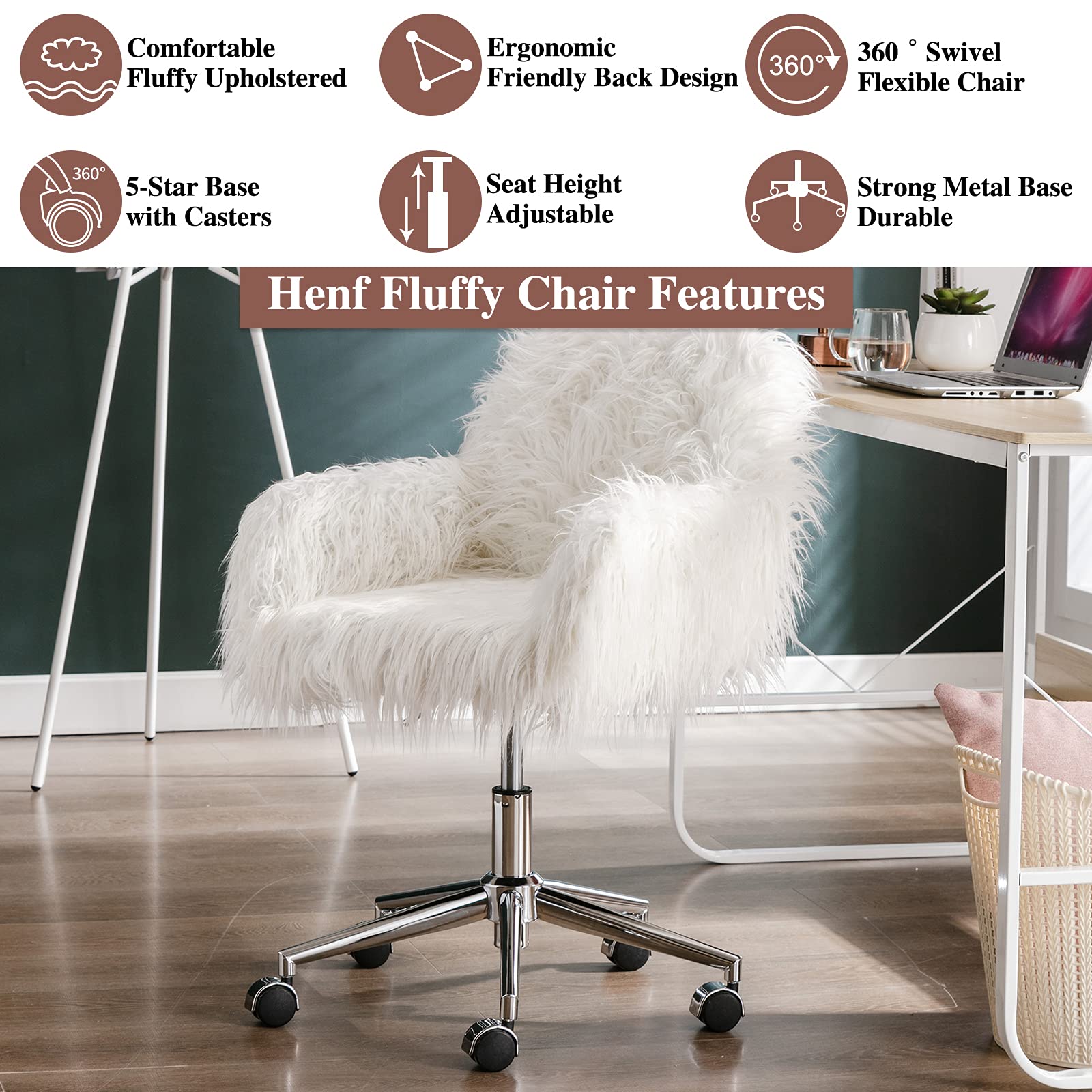 Henf Home Office Chair - Modern Swivel Desk Chair with Wheels, Tufted Faux Fur Vanity Chair for Bedroom & Office - Ergonomic Computer Chair for Women & Girls (White) - Perfect for Home Office, Gaming Setup & Makeup Station