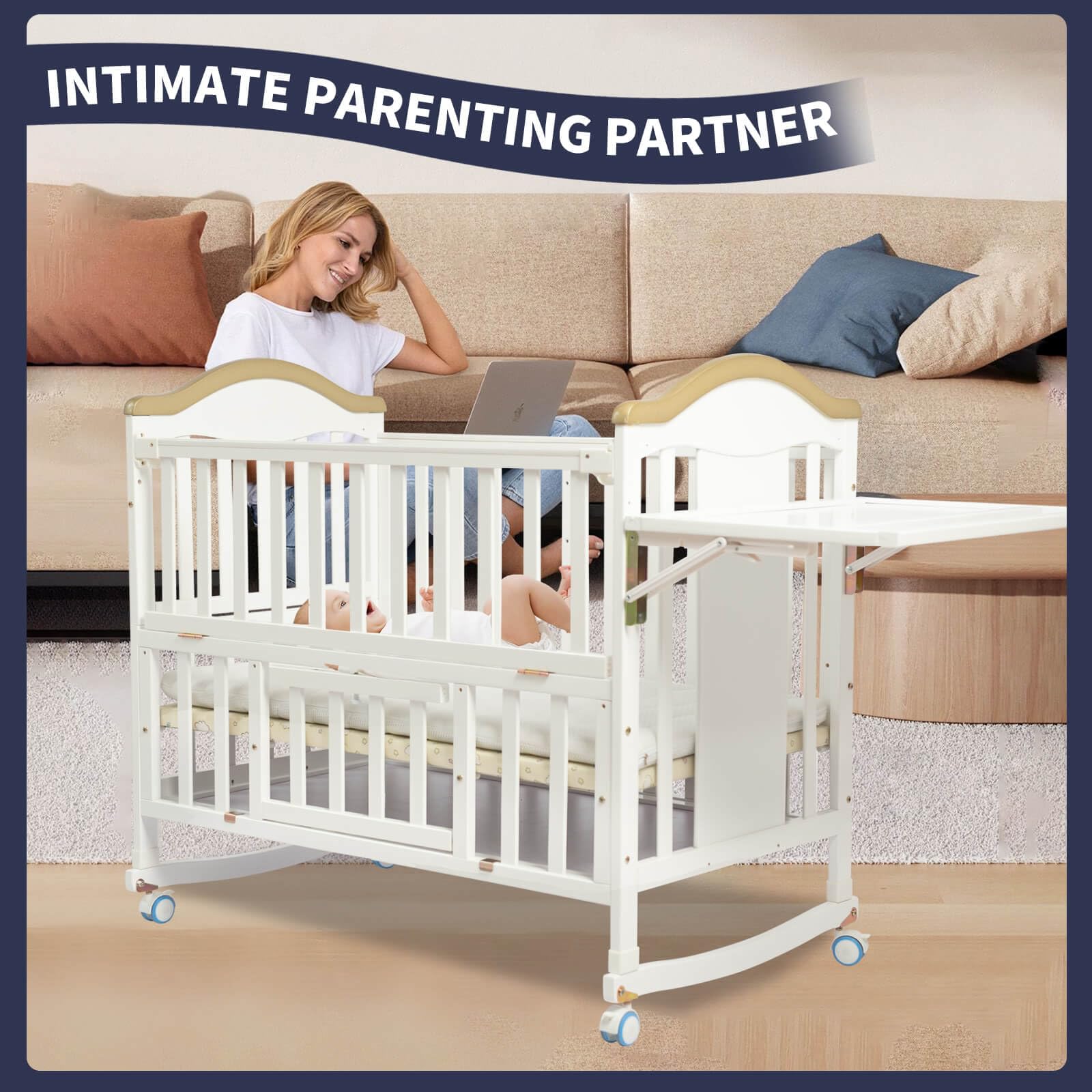 Portable Mini Baby Crib - 4-in-1 Convertible Modern Baby Bed with Foldable Storage Shelf & Mattress Included, Small Wooden Bassinet for Nursery, Bedroom & Travel, White - Perfect for Newborns, Toddlers & Space-Saving Homes