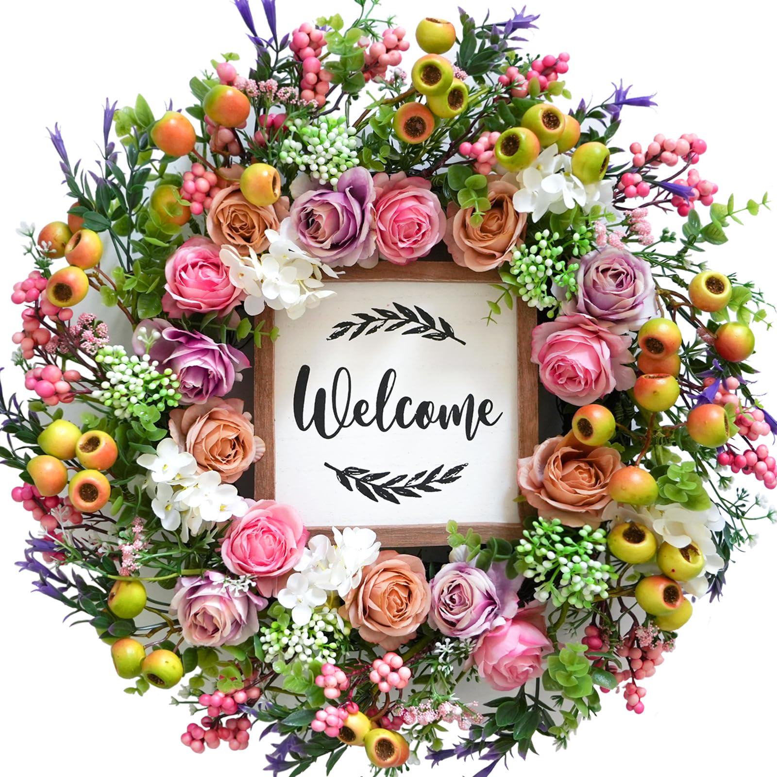 18 Inch Artificial Berry & Colorful Flower Wreath with Welcome Sign - Spring Summer Door Wreath for Front Door, Wall & Window Decor - Perfect for Easter, Mother's Day & Home Festival Decoration