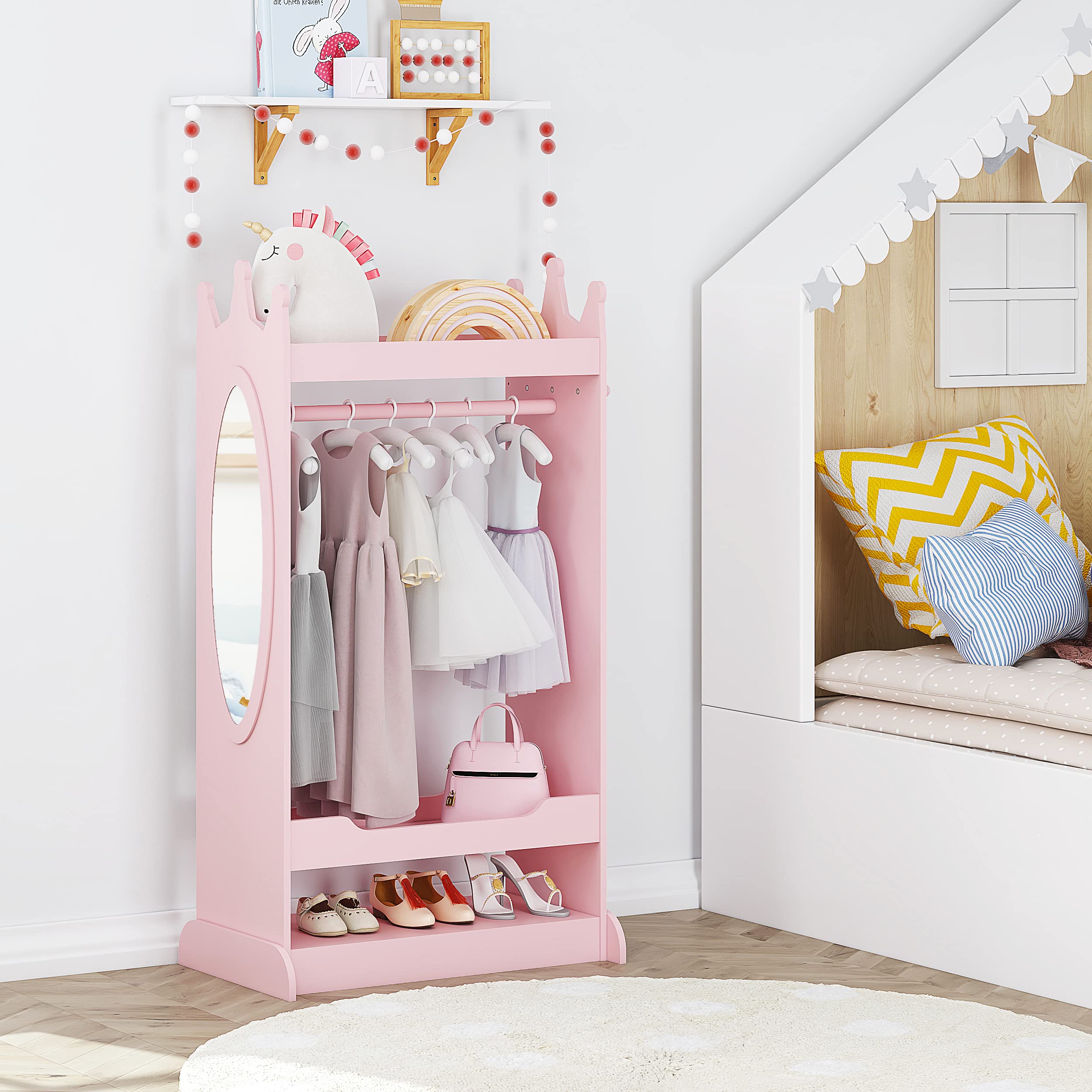UTEX Kids Dress Up Storage with Mirror - Pink Costume Wardrobe & Hanging Armoire Closet for Girls | Pretend Play Storage Organizer for Dress-Up Clothes, Accessories & Toys | Perfect for Bedroom, Playroom & Nursery Organization