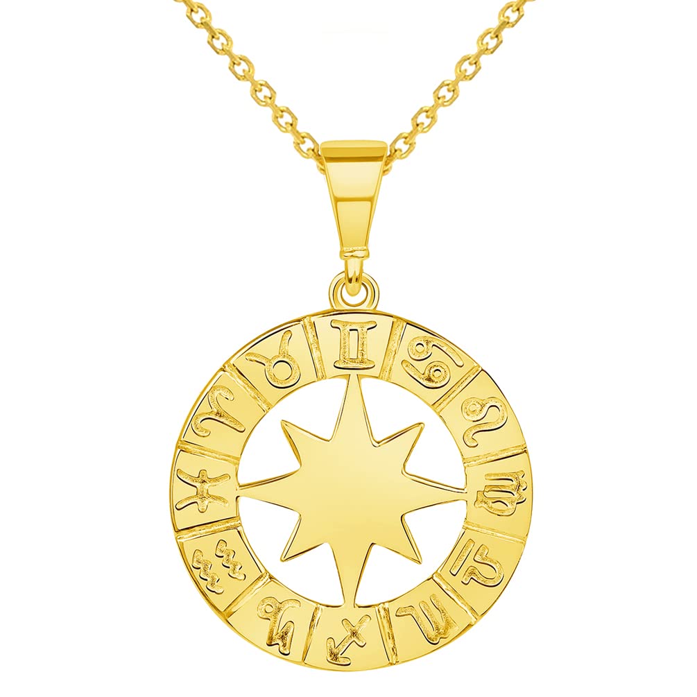 14K Yellow Gold Zodiac Star Compass Calendar Pendant Necklace for Women - Elegant Round Horoscope Jewelry Gift for Birthday, Anniversary & Special Occasions