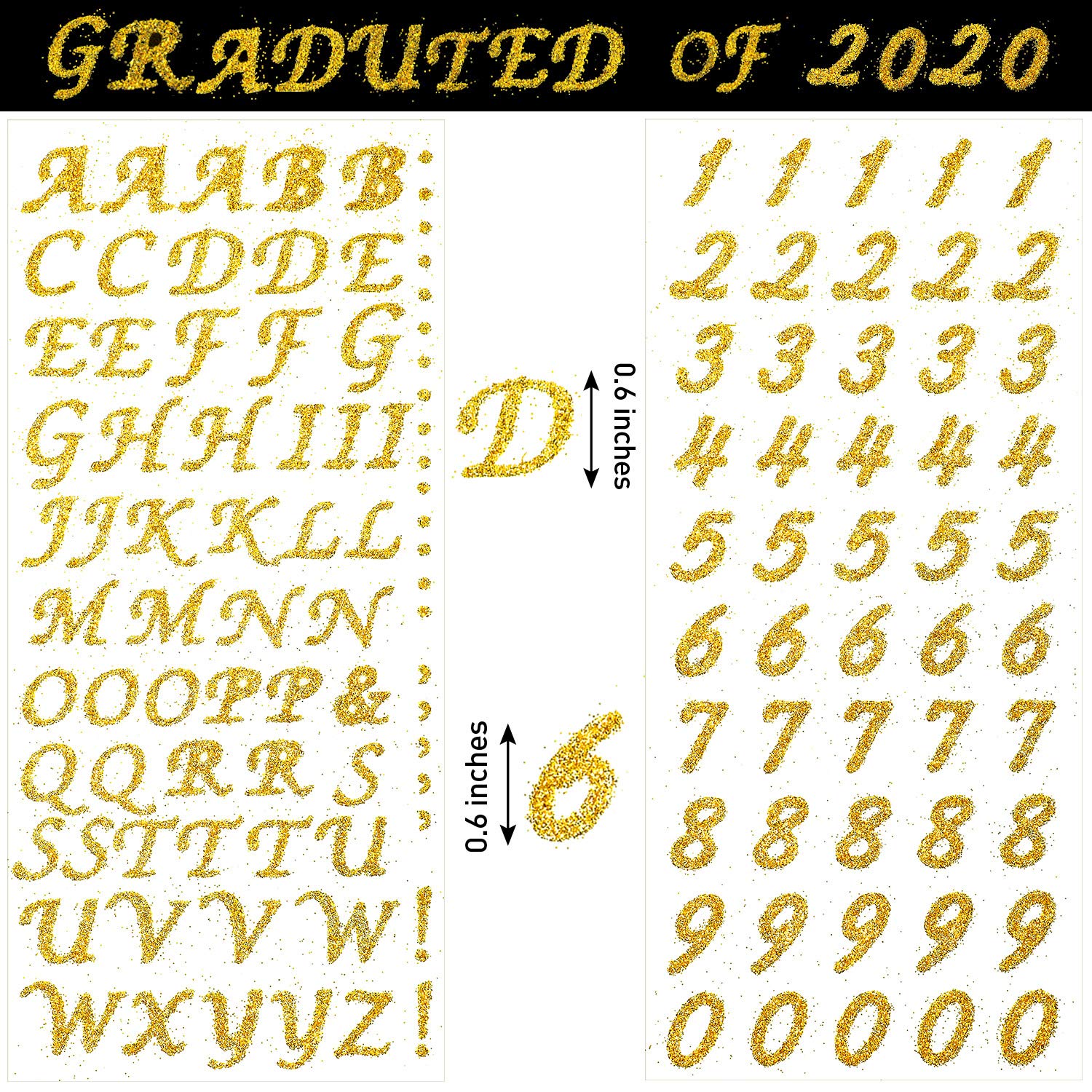 5 Sheets Graduation Cap Stickers - Glitter Alphabet & Number Self-Adhesive Rhinestone Decals for DIY Grad Cap Decorations (Gold) | Perfect for Graduation Party, School Events & Craft Projects