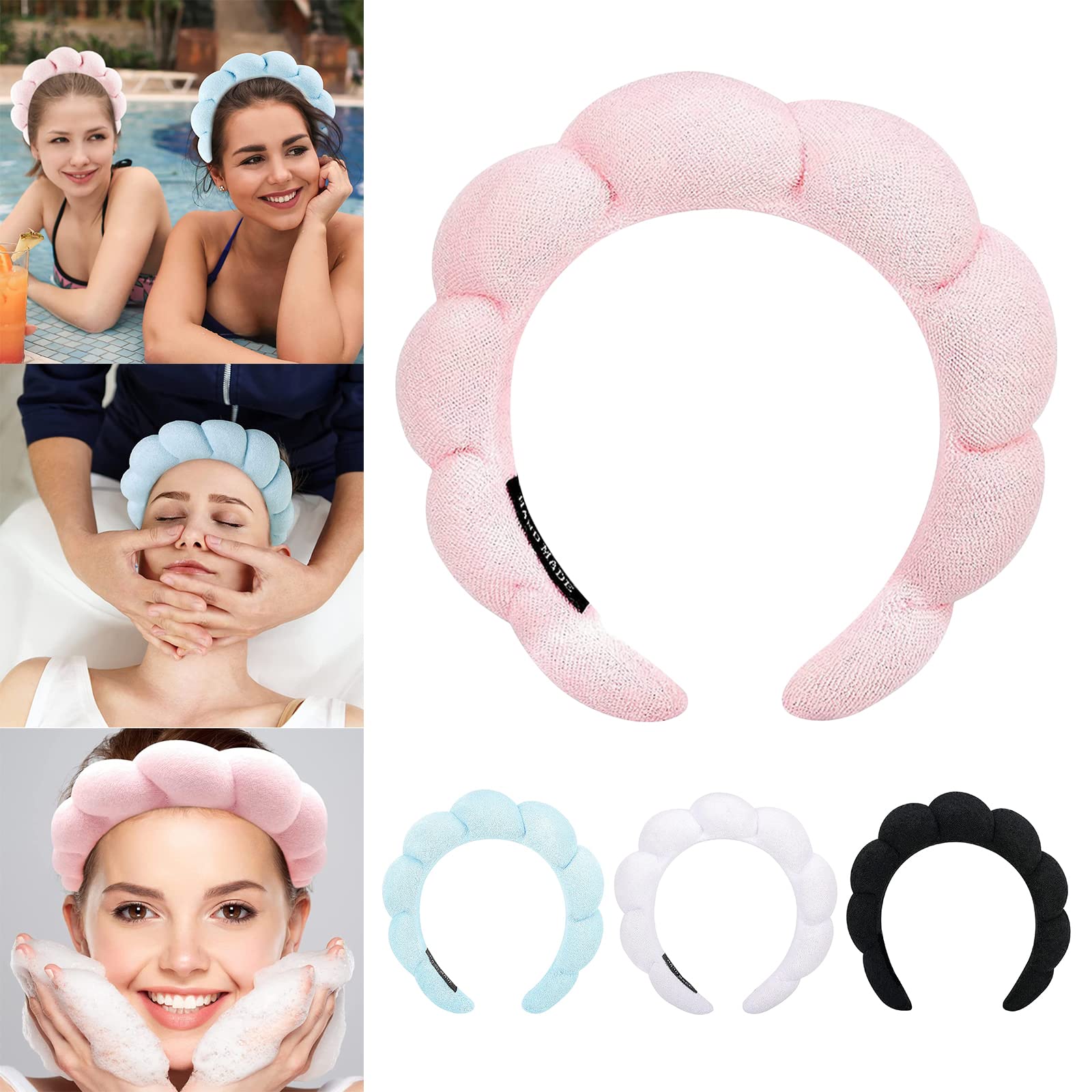 Puffy Spa Headband for Women - Soft Makeup & Skincare for Shower & Yoga (Black)