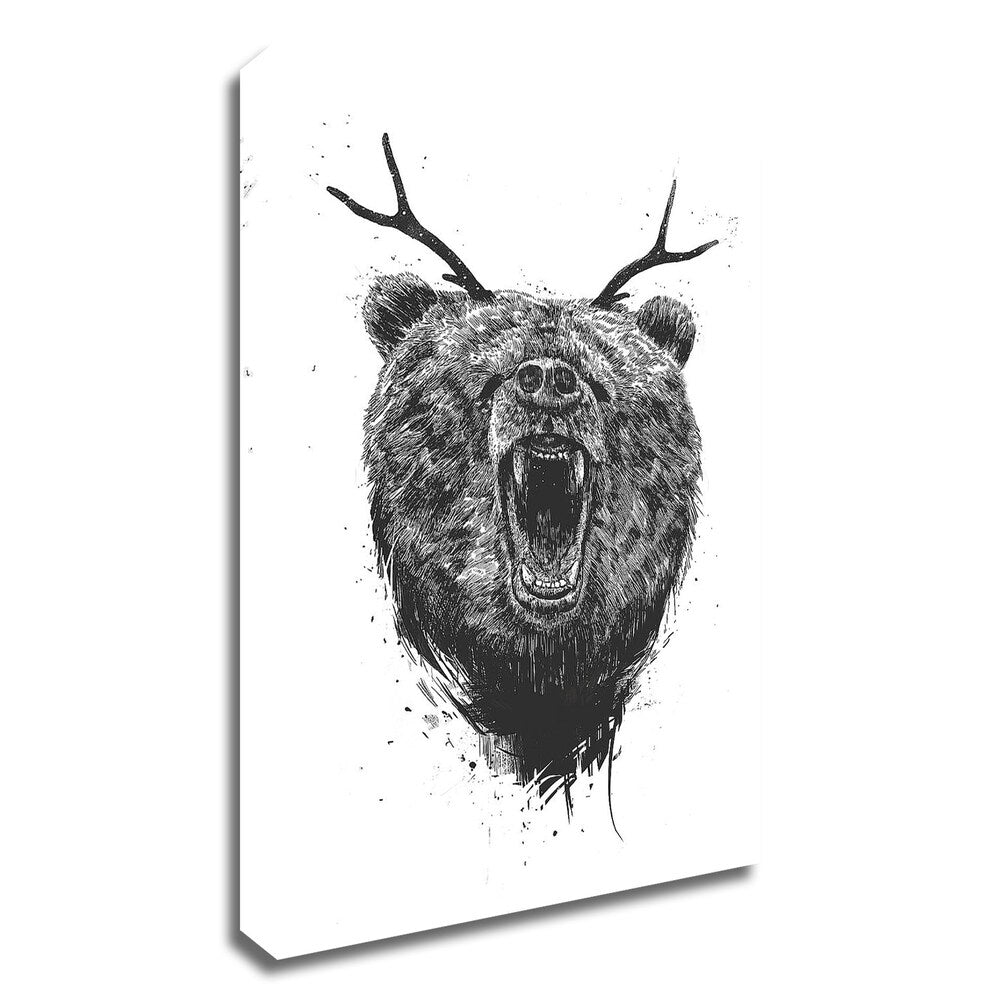 Angry Bear With Antlers Canvas Print by Balazs Solti - Ready to Hang Wall Art for Living Room, Bedroom & Office Decor