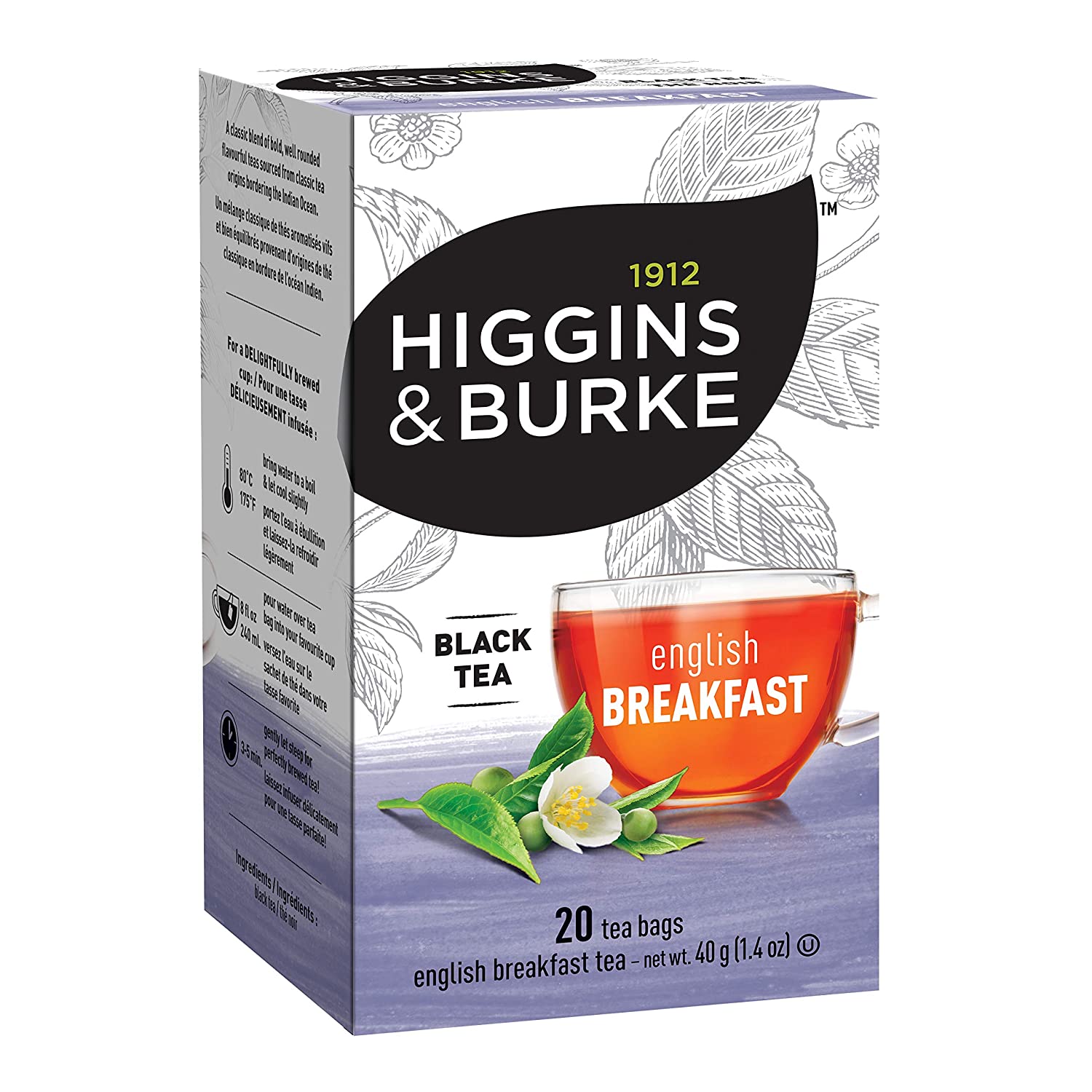 Higgins & Burke English Breakfast Tea Bags - 20 Count | Premium Black Tea for Morning Energy & Relaxation | Perfect for Breakfast, Office, or Afternoon Tea Time