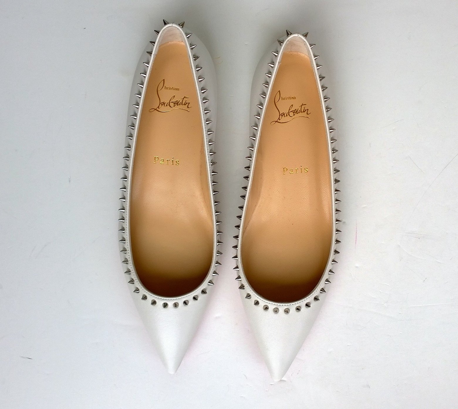 Christian Louboutin Anjalina Flat Women's Shoes - White Leather with Silver Studs & Spikes - Elegant Fashion Footwear for Parties, Weddings & Evening Events